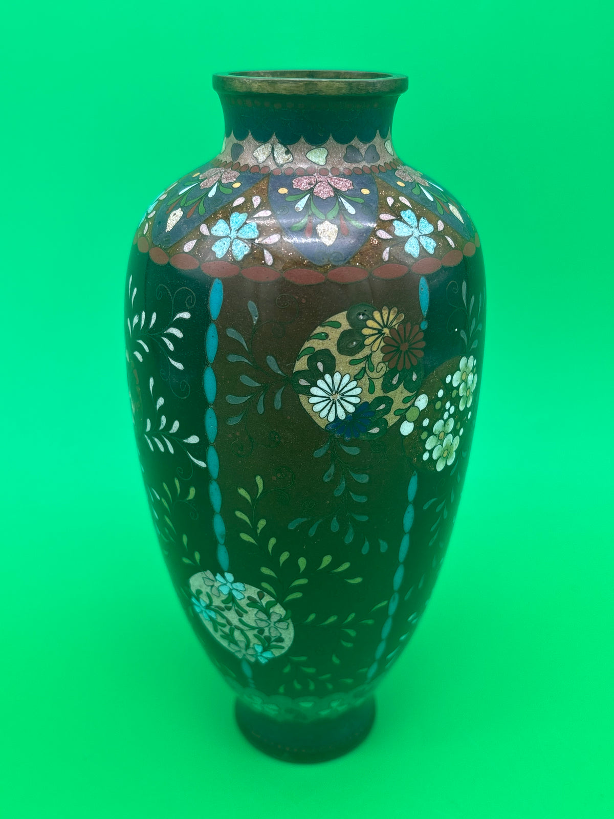 Antique Japanese Cloisonne Vase Meiji Floral Enamel Brown Ground 8” Unmarked