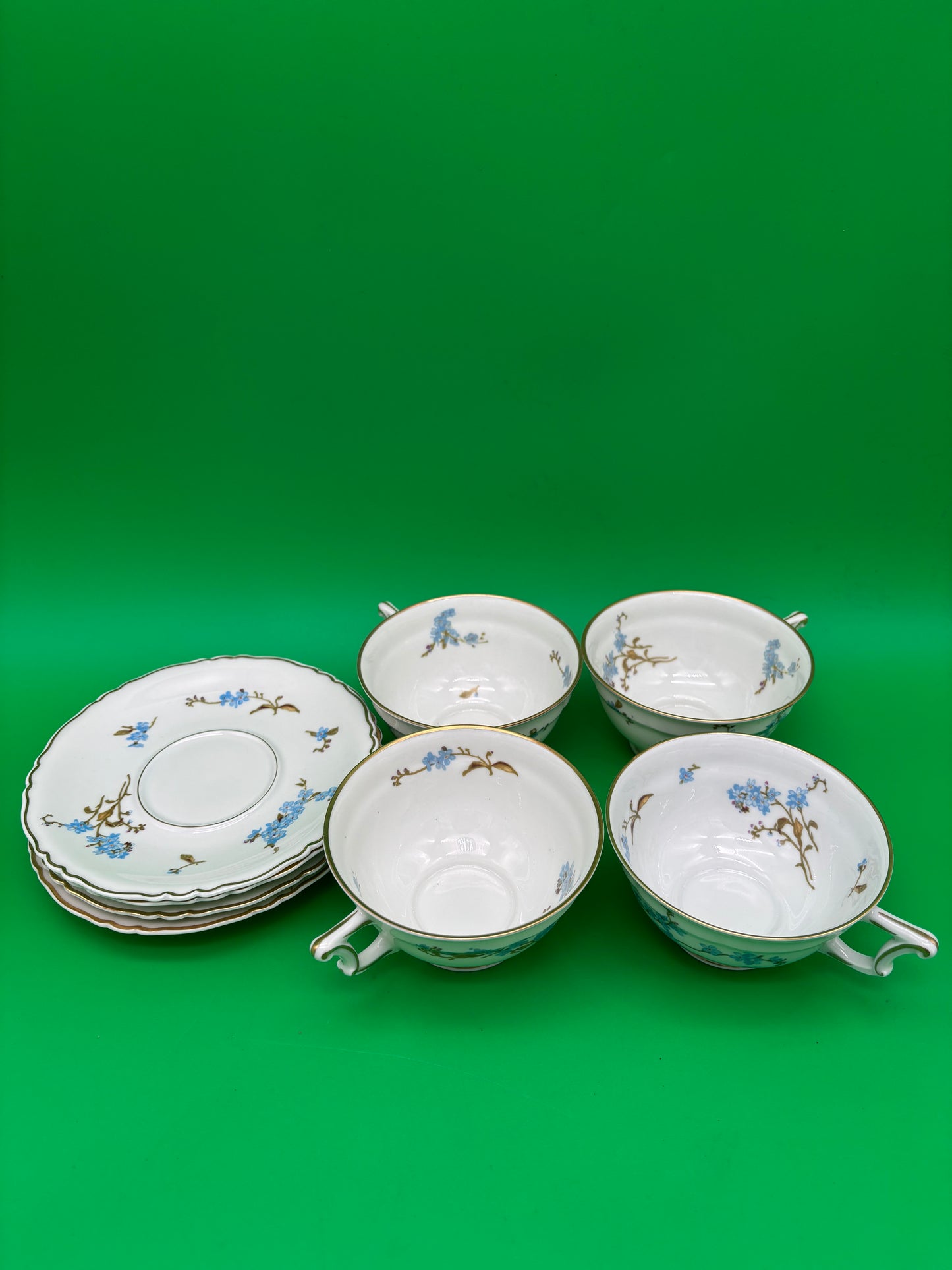 Antique Haviland Limoges France Tea Cup & Saucer Set – Blue Floral, Gold Trim (8-Piece Set)
