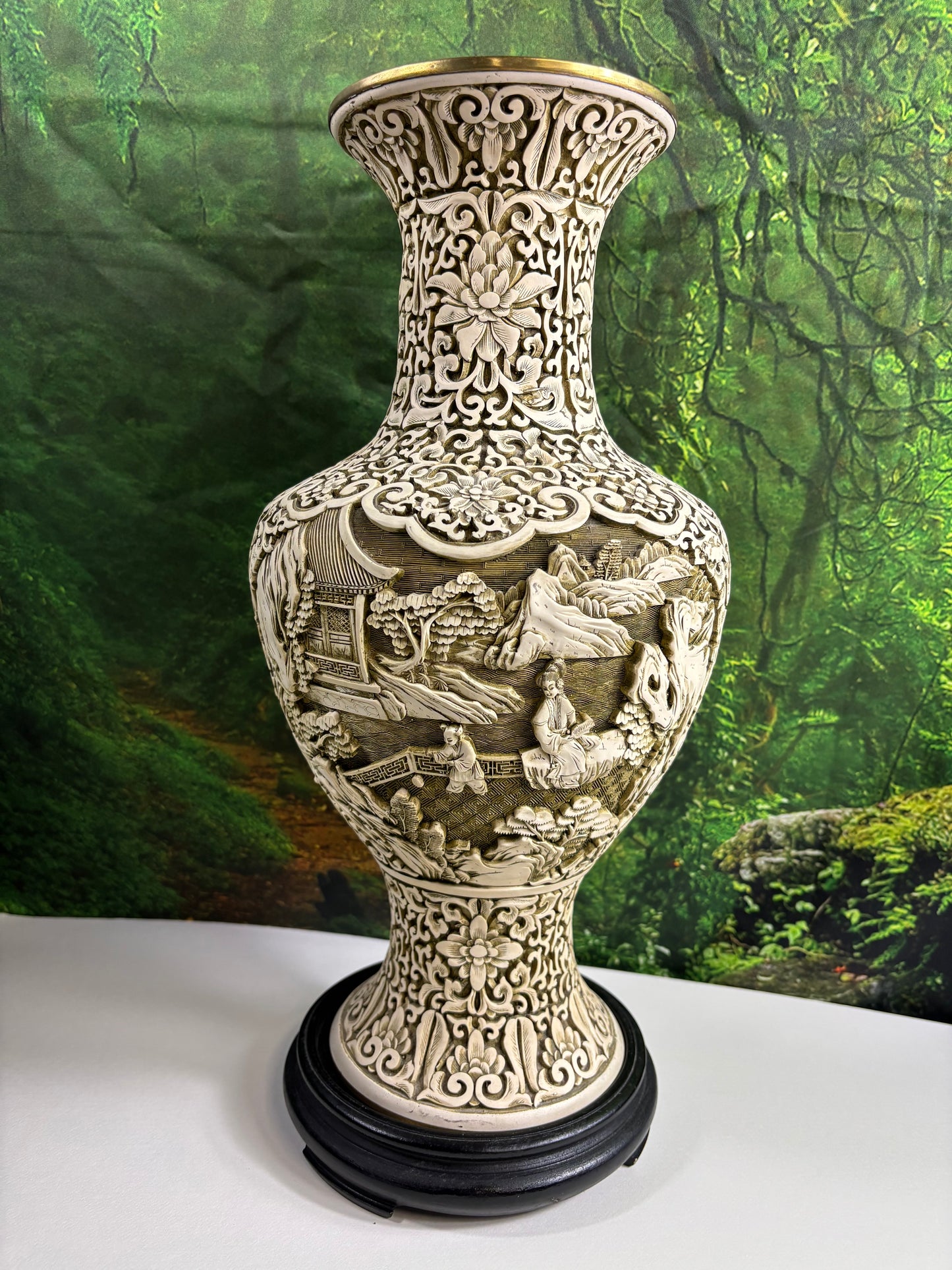 A Fabulous Chinese Cinnabar Intricate Asian Relief 15 Inch Vase W/Wood Stand/Base