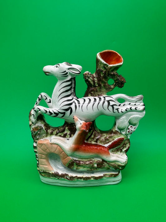 Antique Staffordshire Zebra Fox Spill Vase Victorian c1860 Pottery 8”
