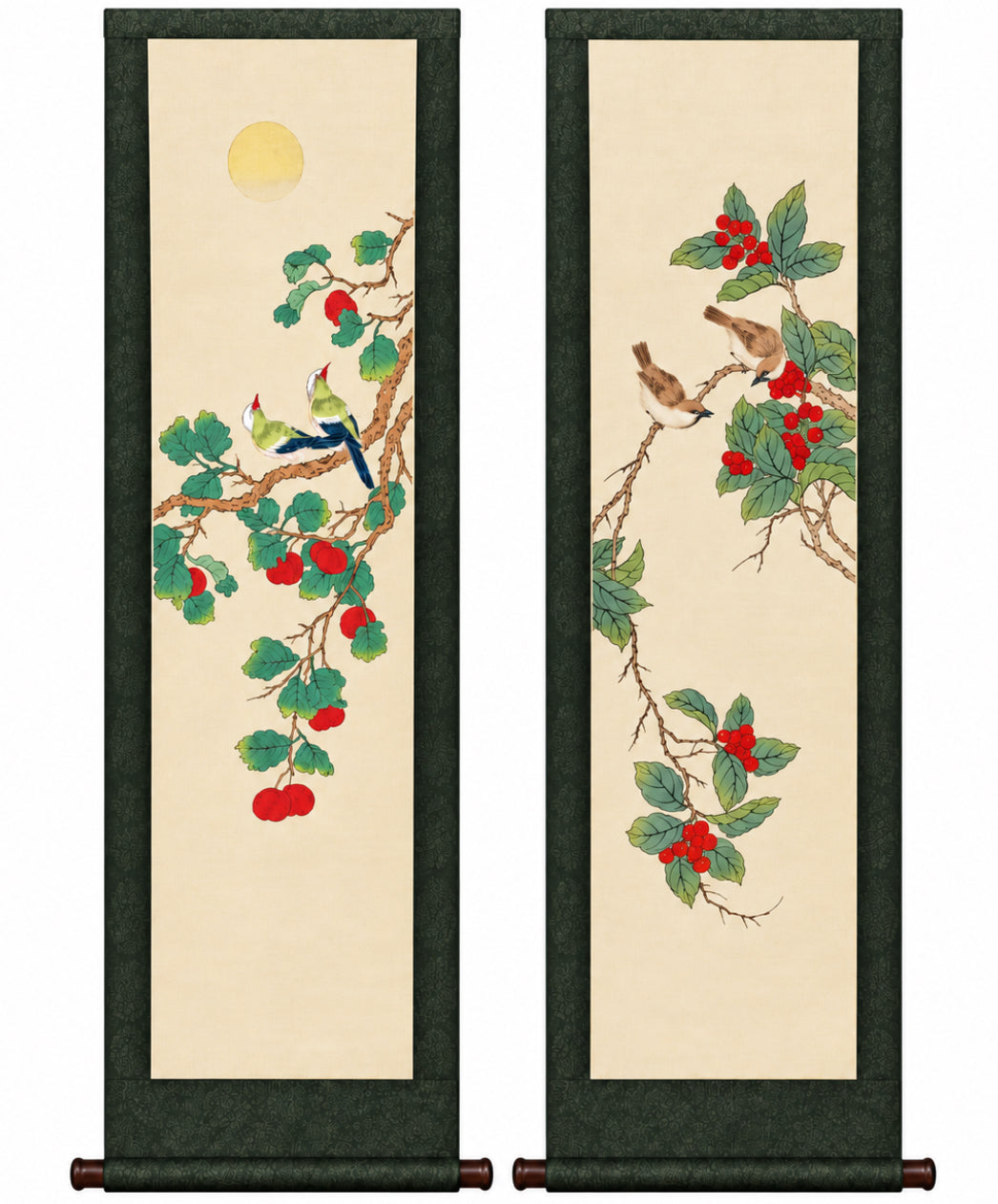 Vintage Chinese Lin Sheng Signed Silk Scroll Paintings Pair Birds Fruit 40”