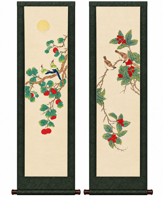 Vintage Chinese Lin Sheng Signed Silk Scroll Paintings Pair Birds Fruit 40”