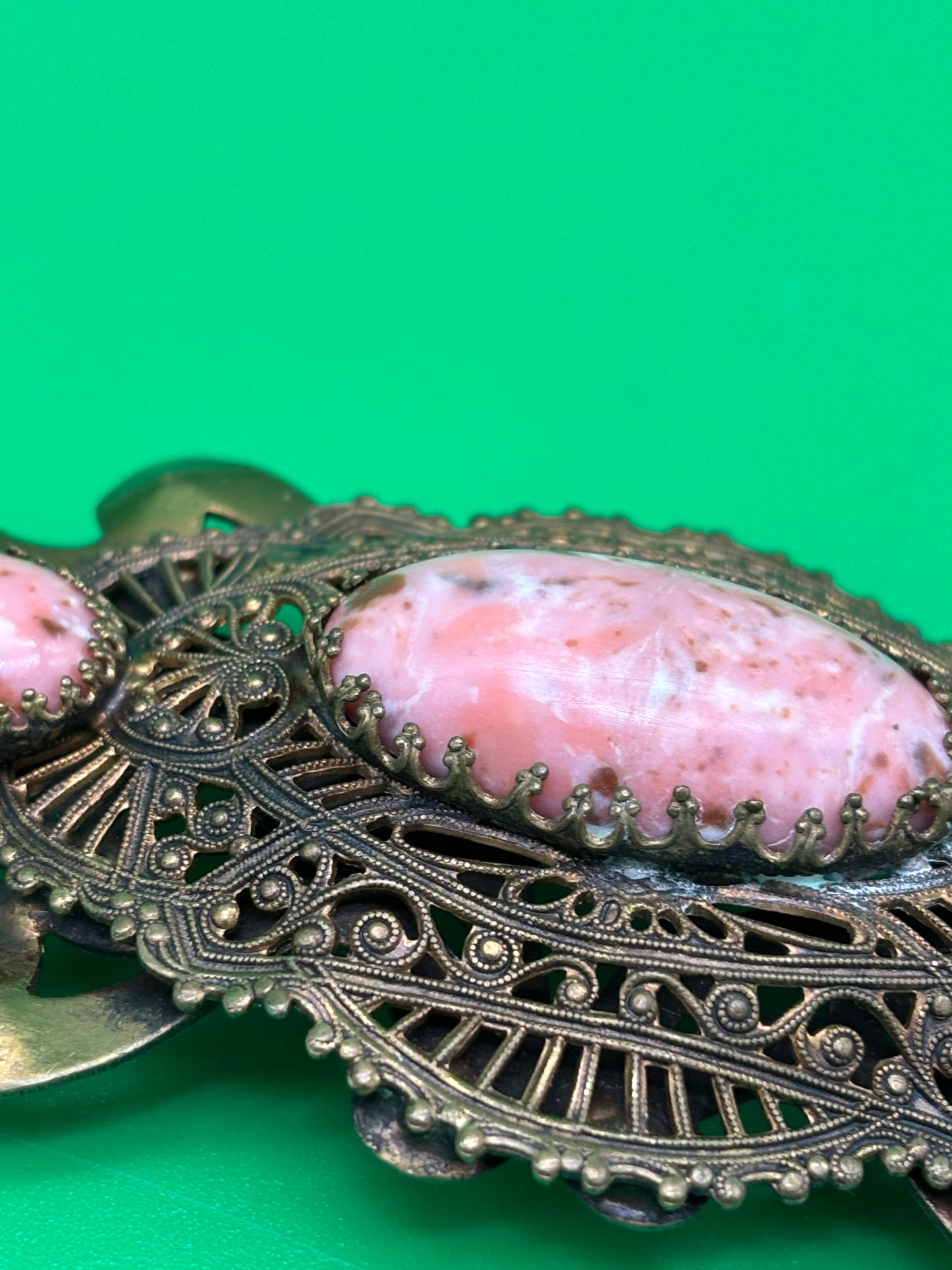 Vintage Art Nouveau Filigree Sash Pin Brooch Pink Marbled Glass Cabochons Antique Style