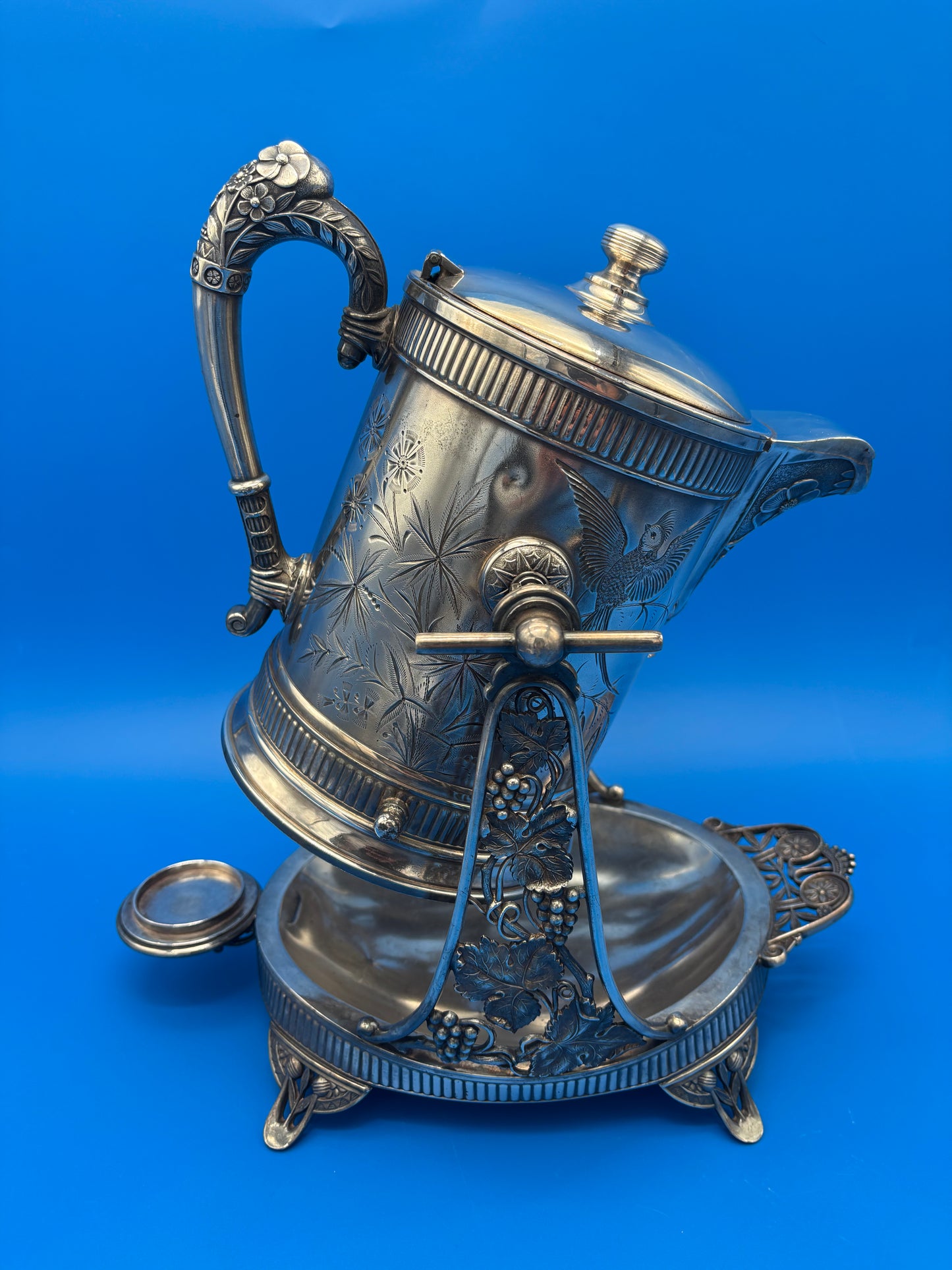Antique Pairpoint Quadruple Plate Victorian Tilting Ice Water Pitcher & Stand Bird Grape 1826½