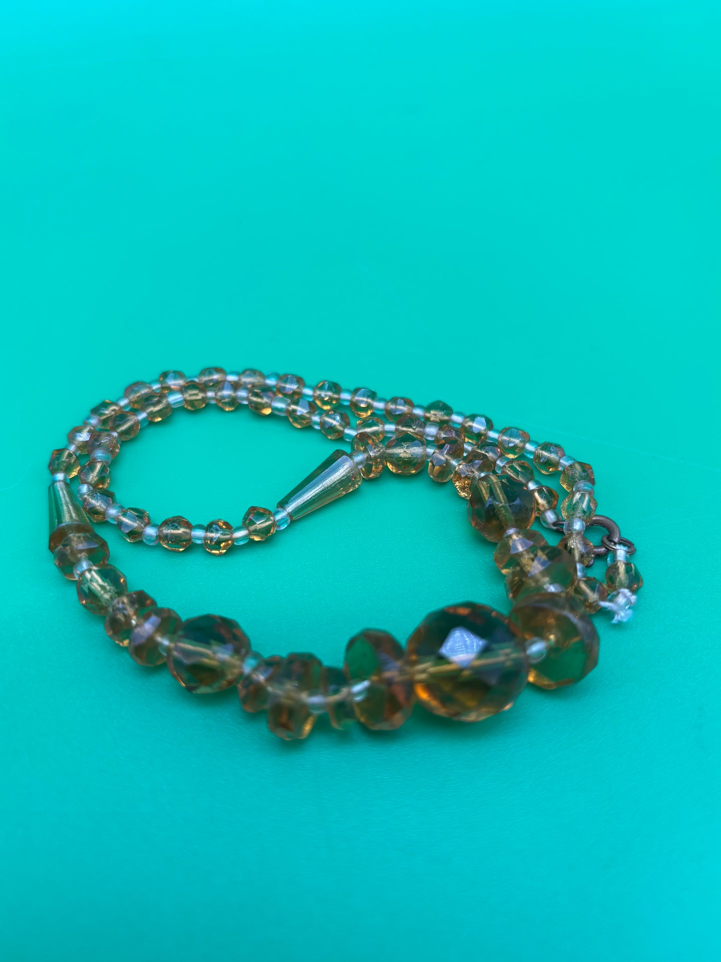 Vintage Amber Topaz Faceted Glass Bead Necklace Graduated Estate Jewelry 16”