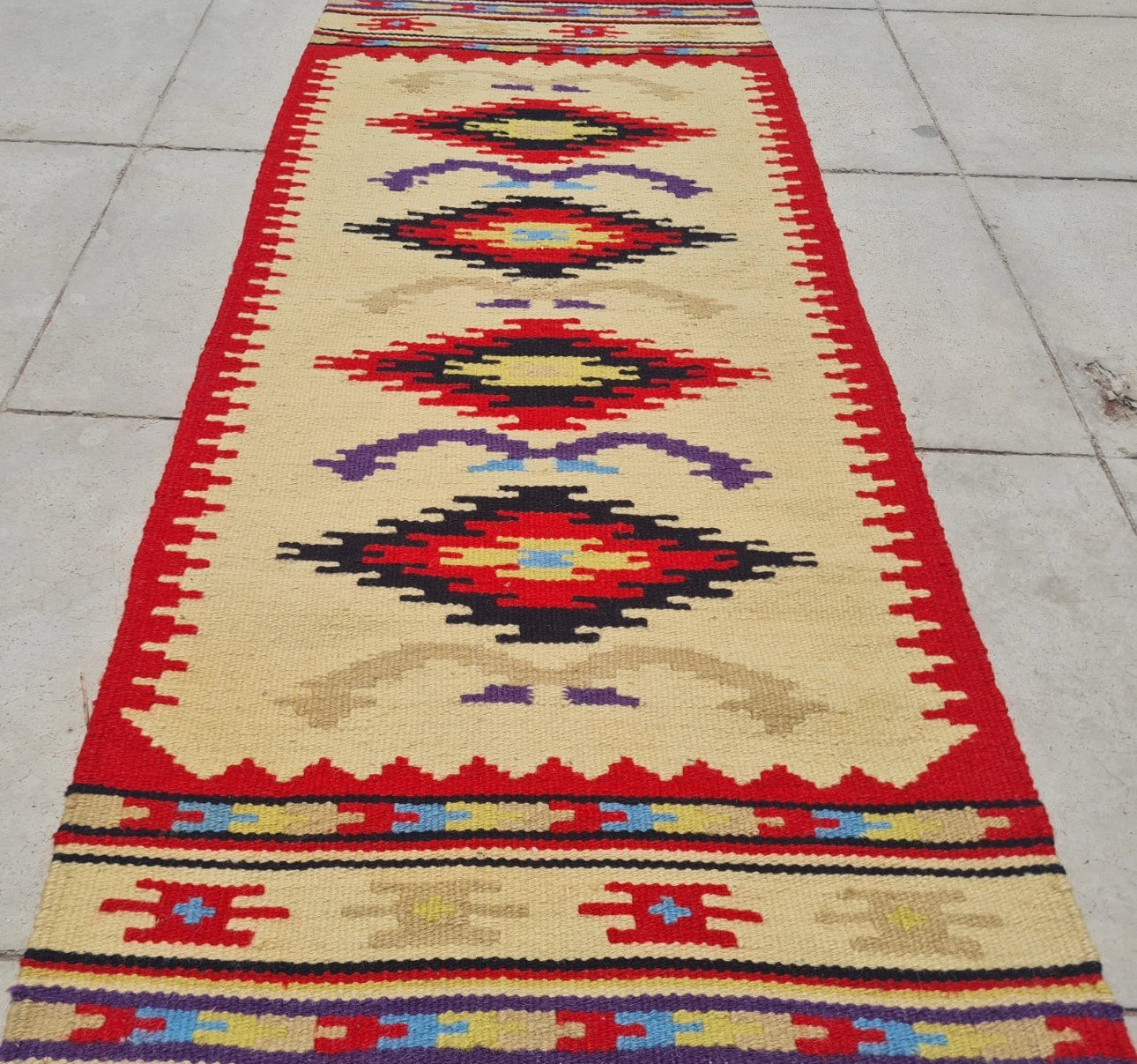 Vintage Southwestern Wool Runner Rug Navajo Style Handwoven Red Cream Tribal Hallway Rug 3.3’ x 1.4’