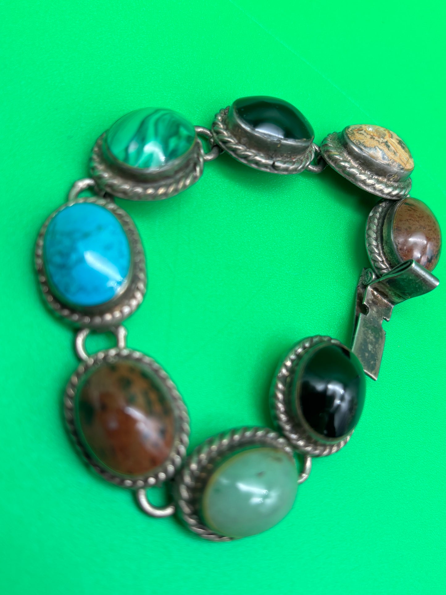 Vintage Taxco Mexico Sterling Silver Multi Stone Bracelet 925 TA-95 58g