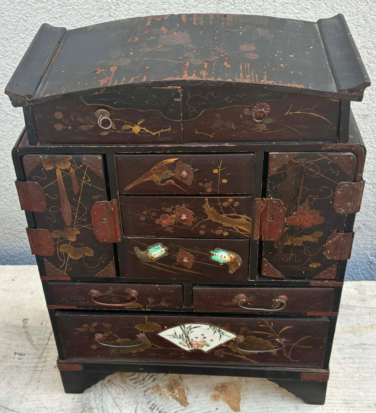 Antique Japanese Meiji Kodansu Lacquer Cabinet Birds Flowers 10 Drawer 16”