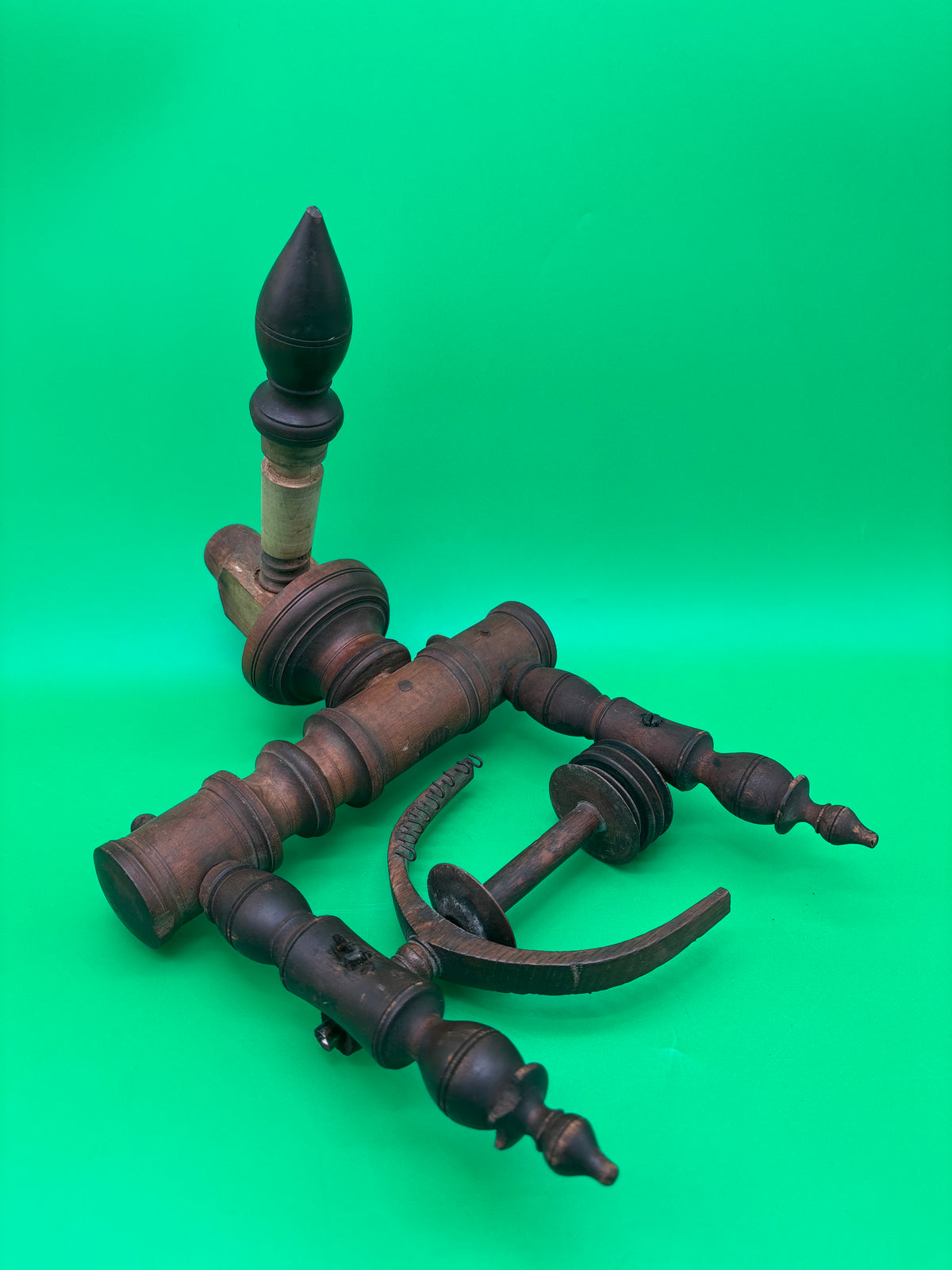 Antique Wooden Spinning Wheel Parts Flyer Bobbin Whorl Maidens Textile Tool Lot