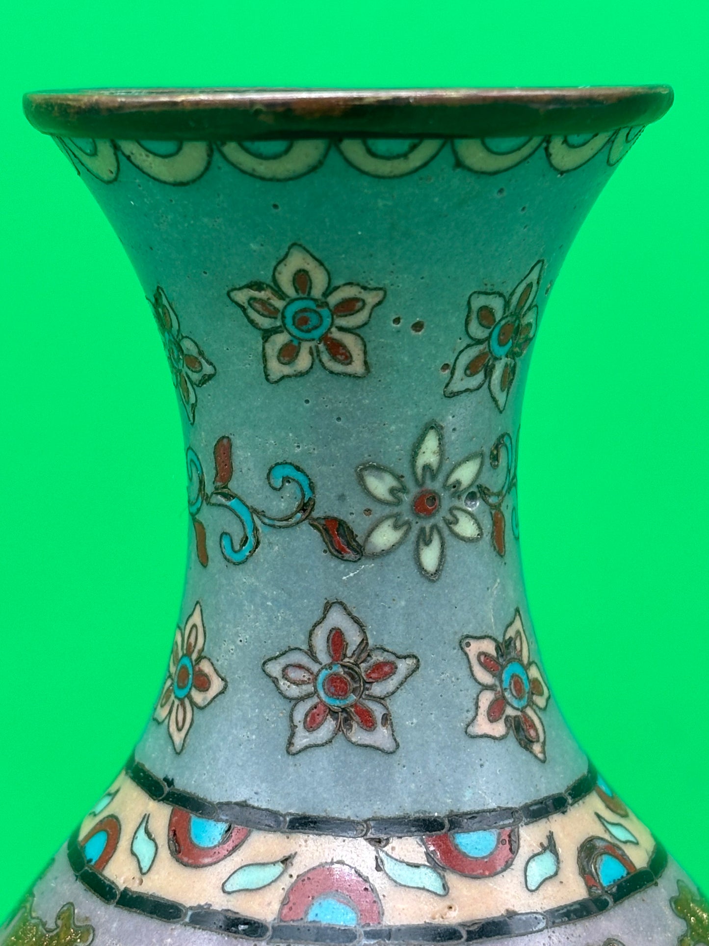 Antique Meiji Japanese Goldstone Cloisonne Enamel Pastel Floral Vase 7 1/4”