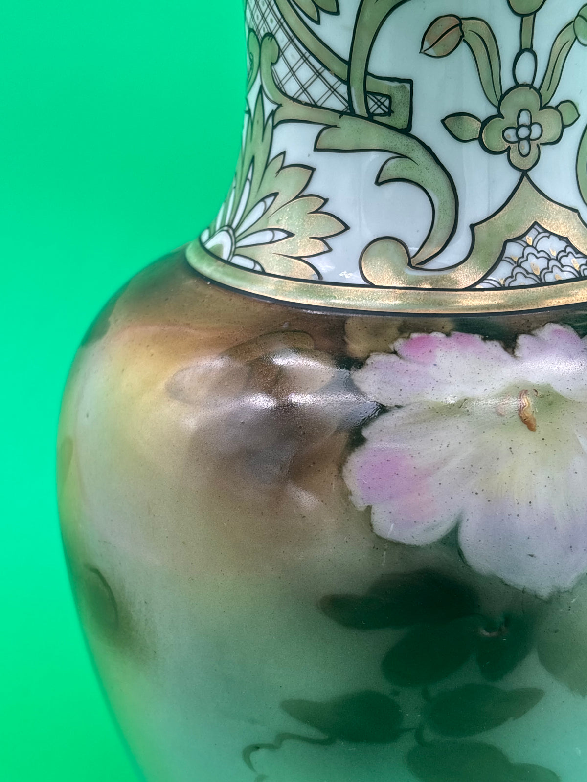 Vintage Noritake Hand Painted Japan 11” Floral Vase Pink Flowers Gold Gilt
