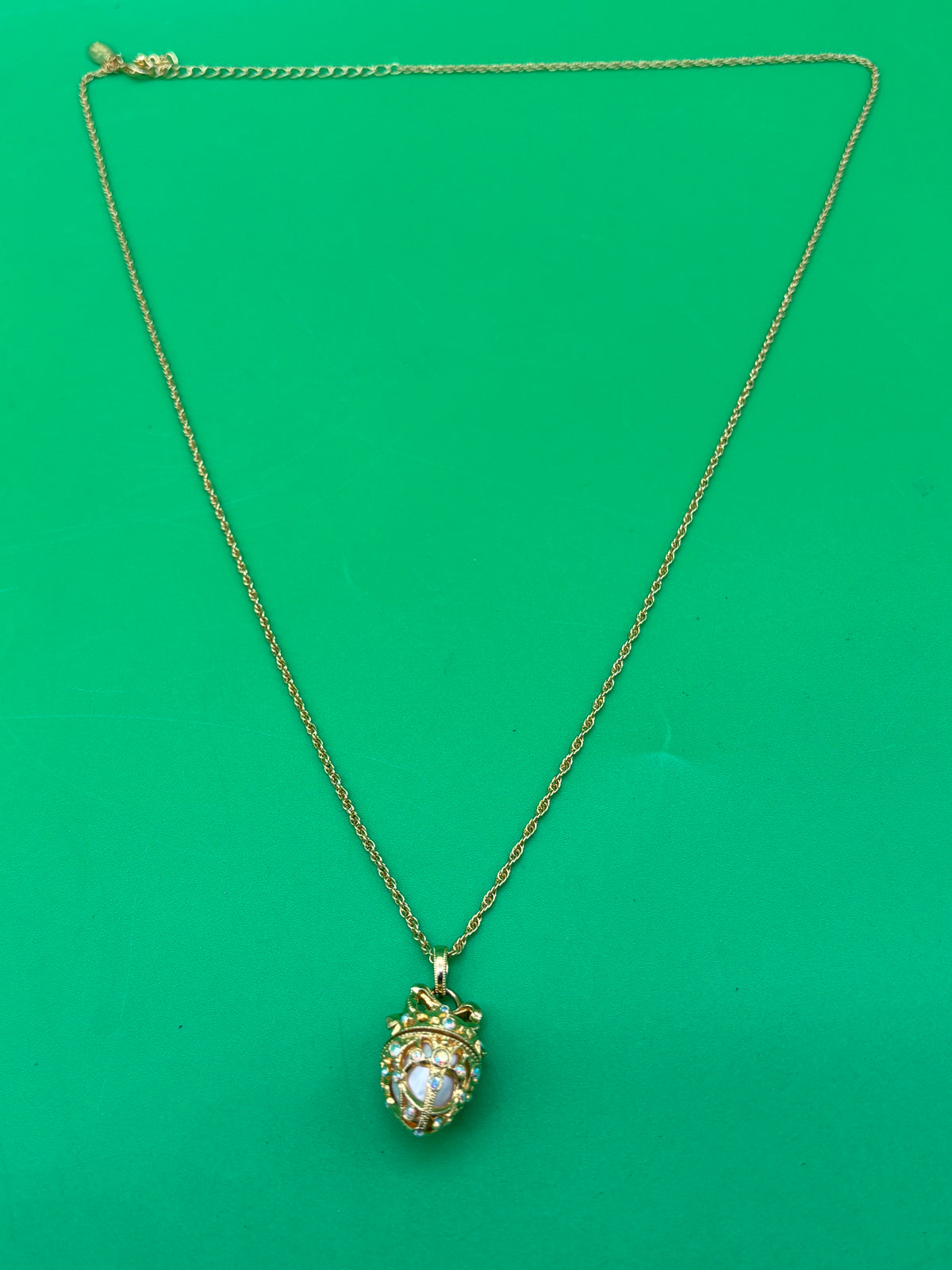 Vintage Joan Rivers Fabergé Egg Locket Necklace Gold Tone AB Rhinestones Signed