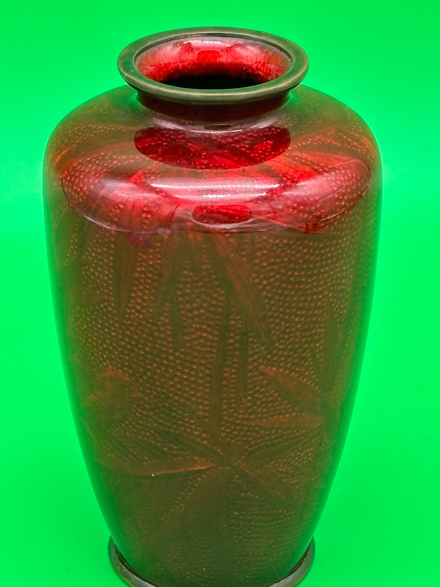 Signed Ando Japanese Pigeon Blood Red Ginbari Cloisonne Bird Bamboo Vase 5.75”