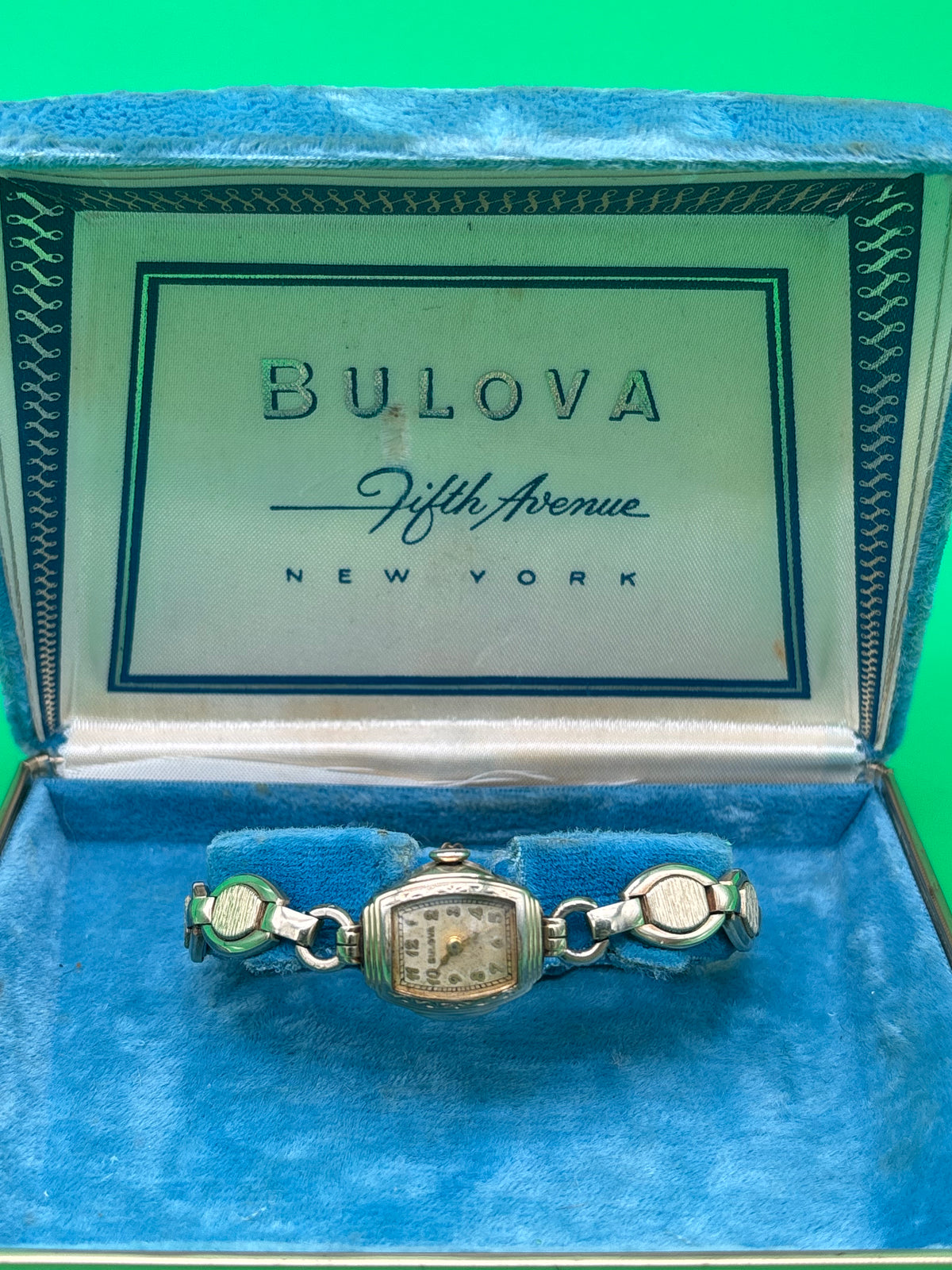 Vintage Bulova Ladies Art Deco Watch Speidel Bracelet Fifth Avenue Box Untested