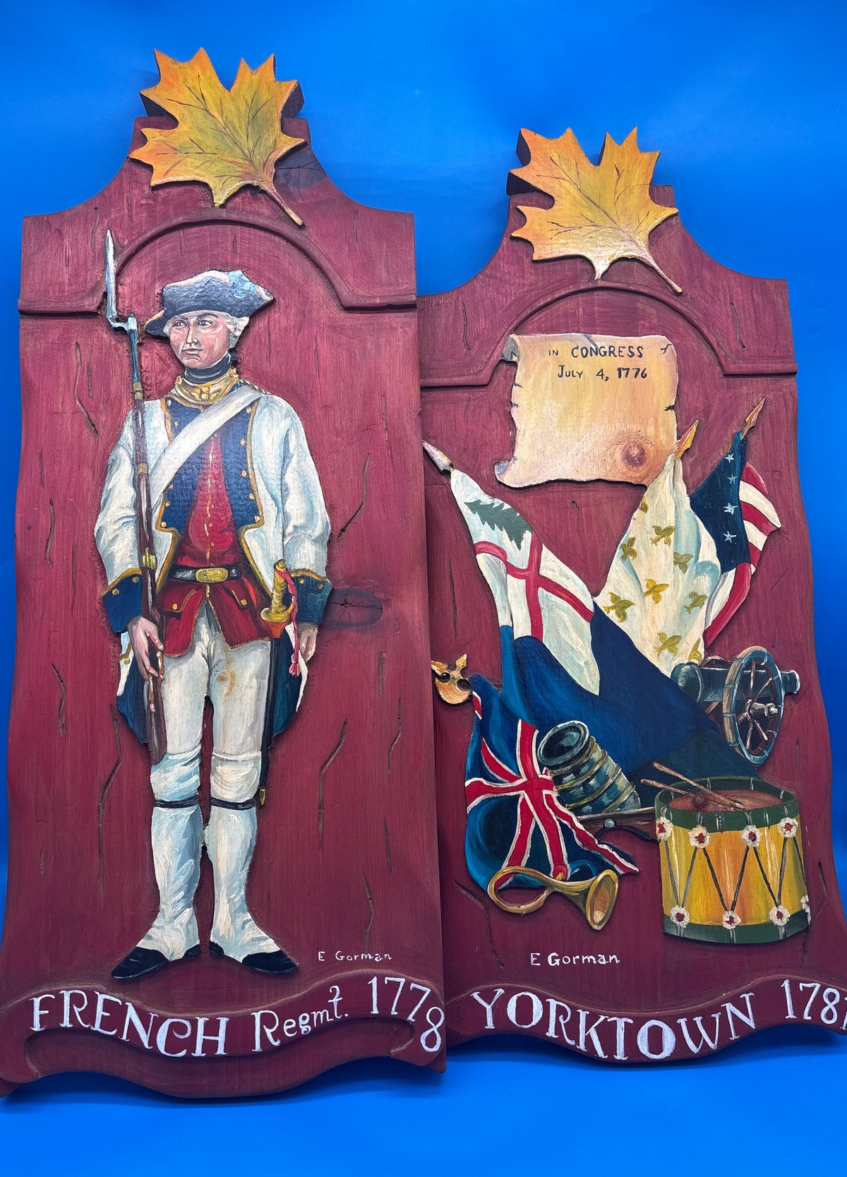 E Gorman Signed Revolutionary War Yorktown 1781 French Regiment Wood Plaques