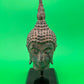 Vintage Thai Bronze Buddha Head Sculpture Flame Ushnisha Patina Wood Stand