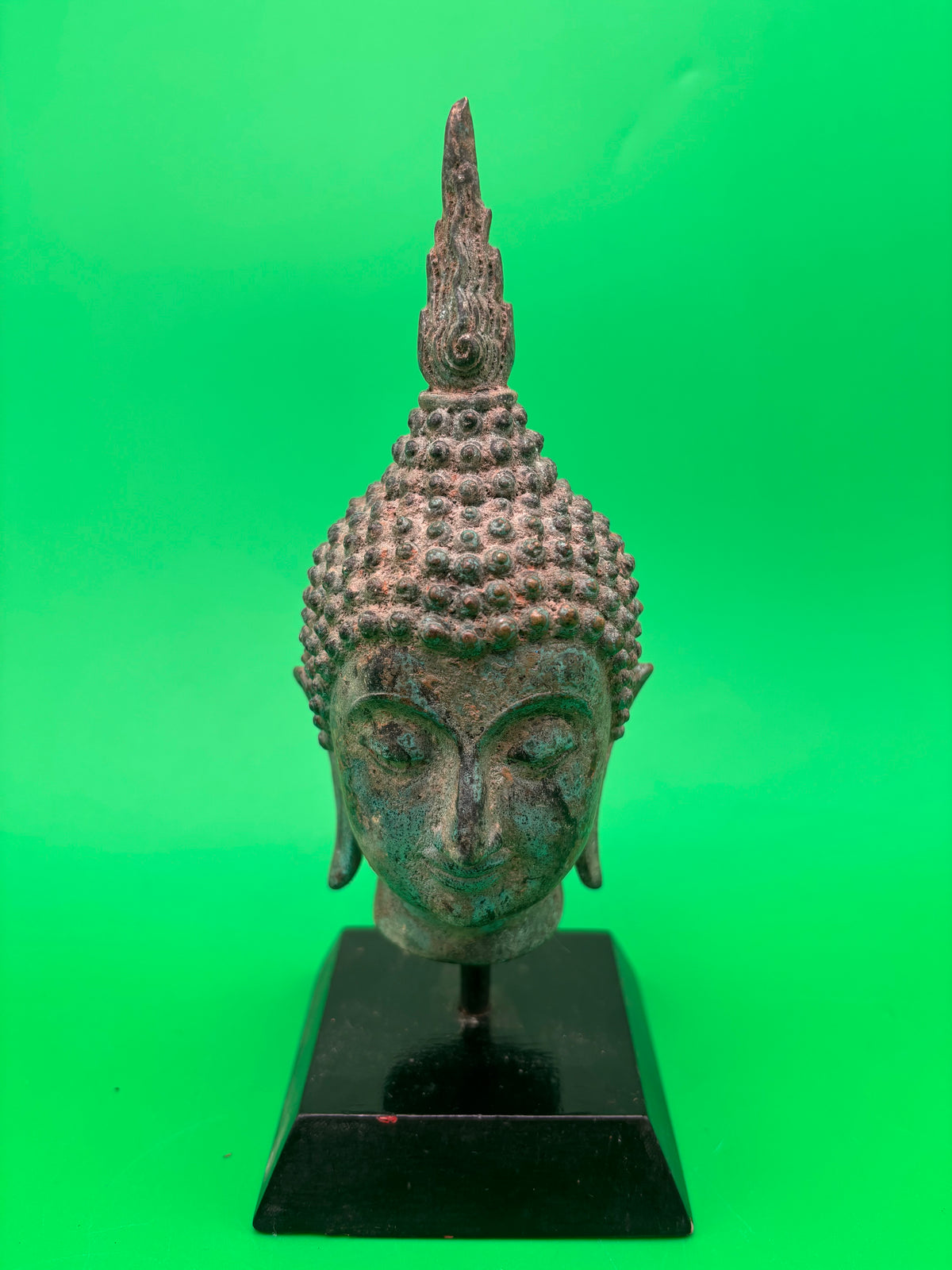 Vintage Thai Bronze Buddha Head Sculpture Flame Ushnisha Patina Wood Stand