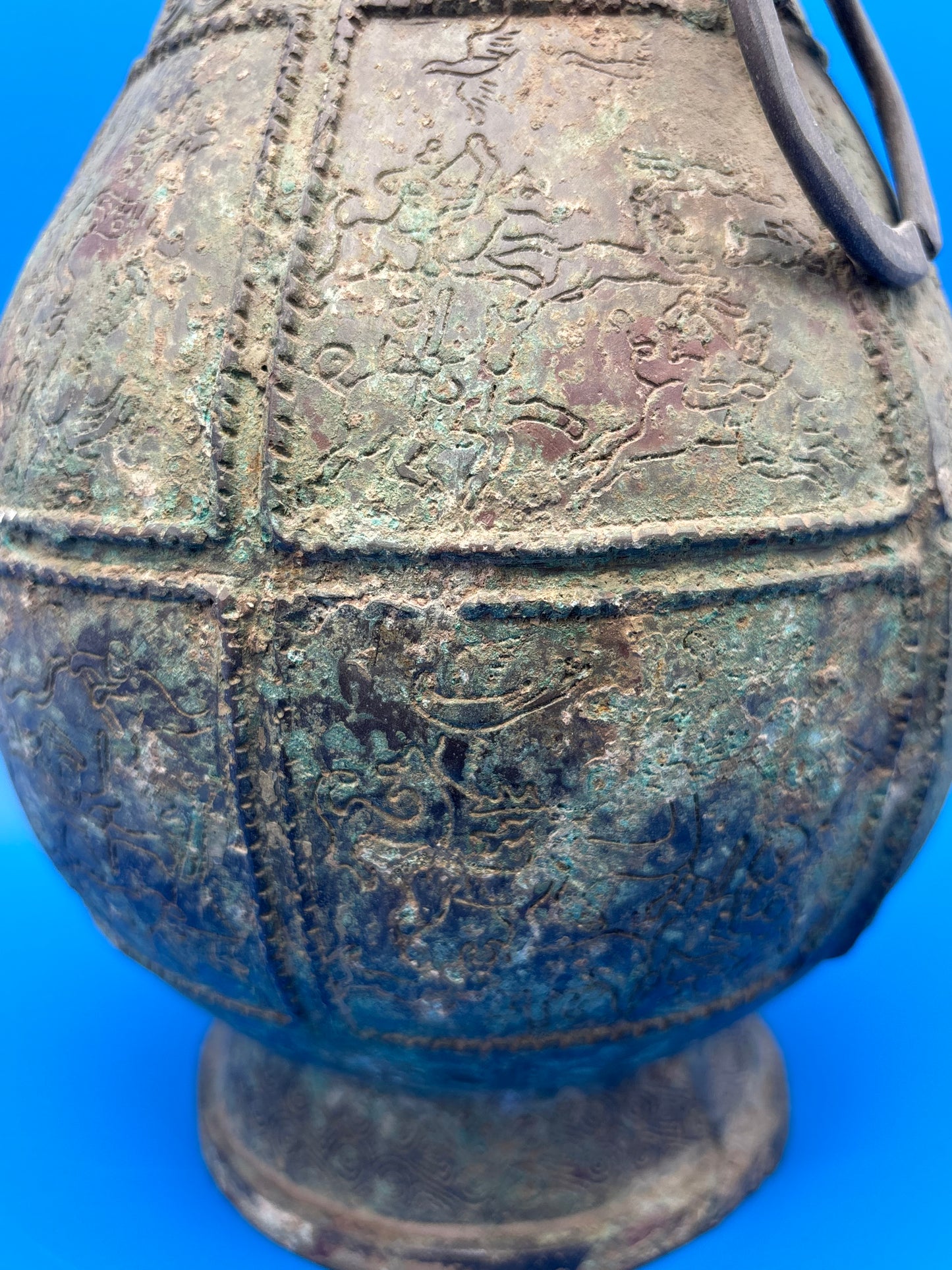 Chinese Archaistic Bronze Hu Vase Elephant Head Ring Handles Figural 11”