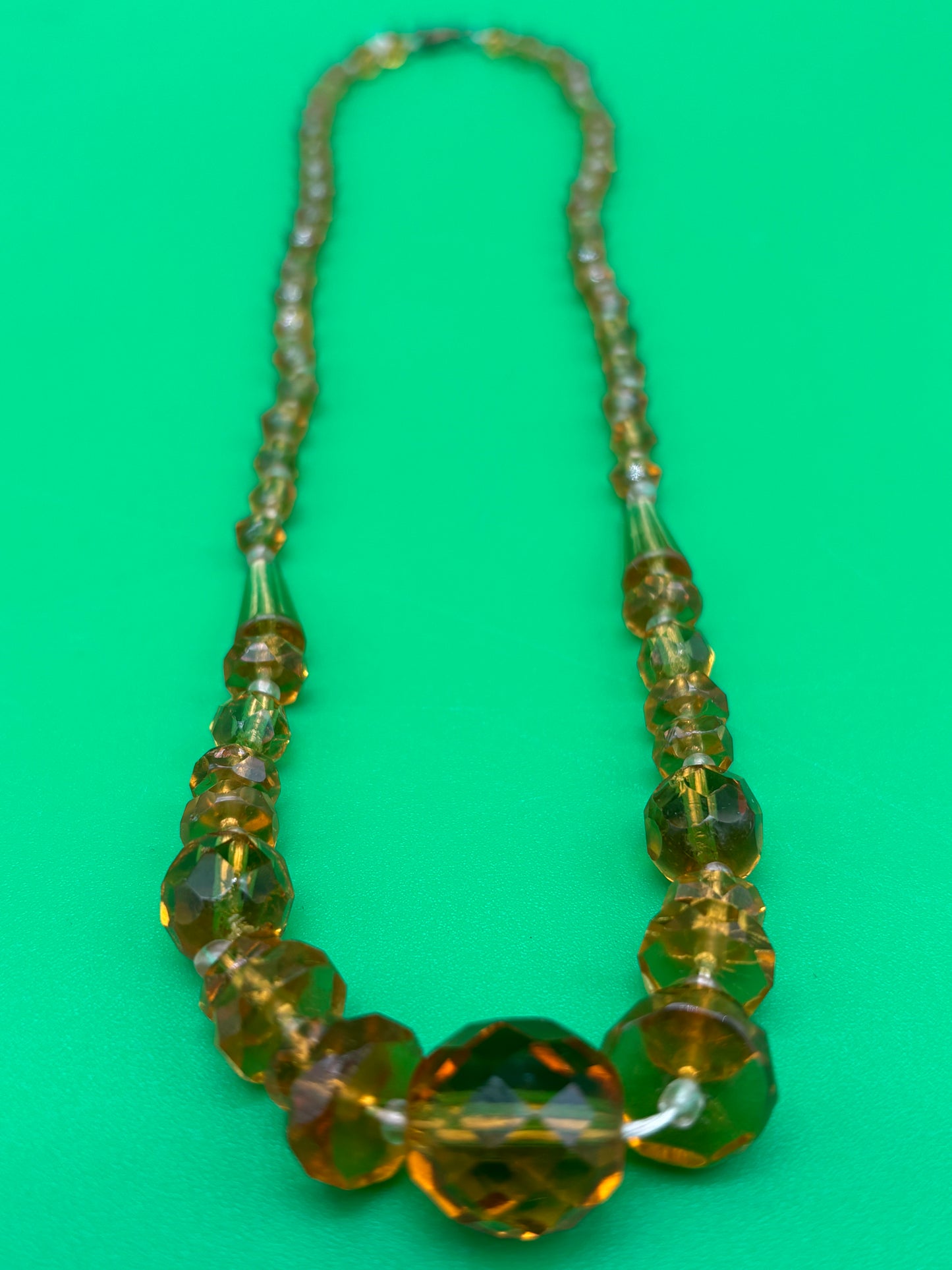 Vintage Amber Topaz Faceted Glass Bead Necklace Graduated Estate Jewelry 16”