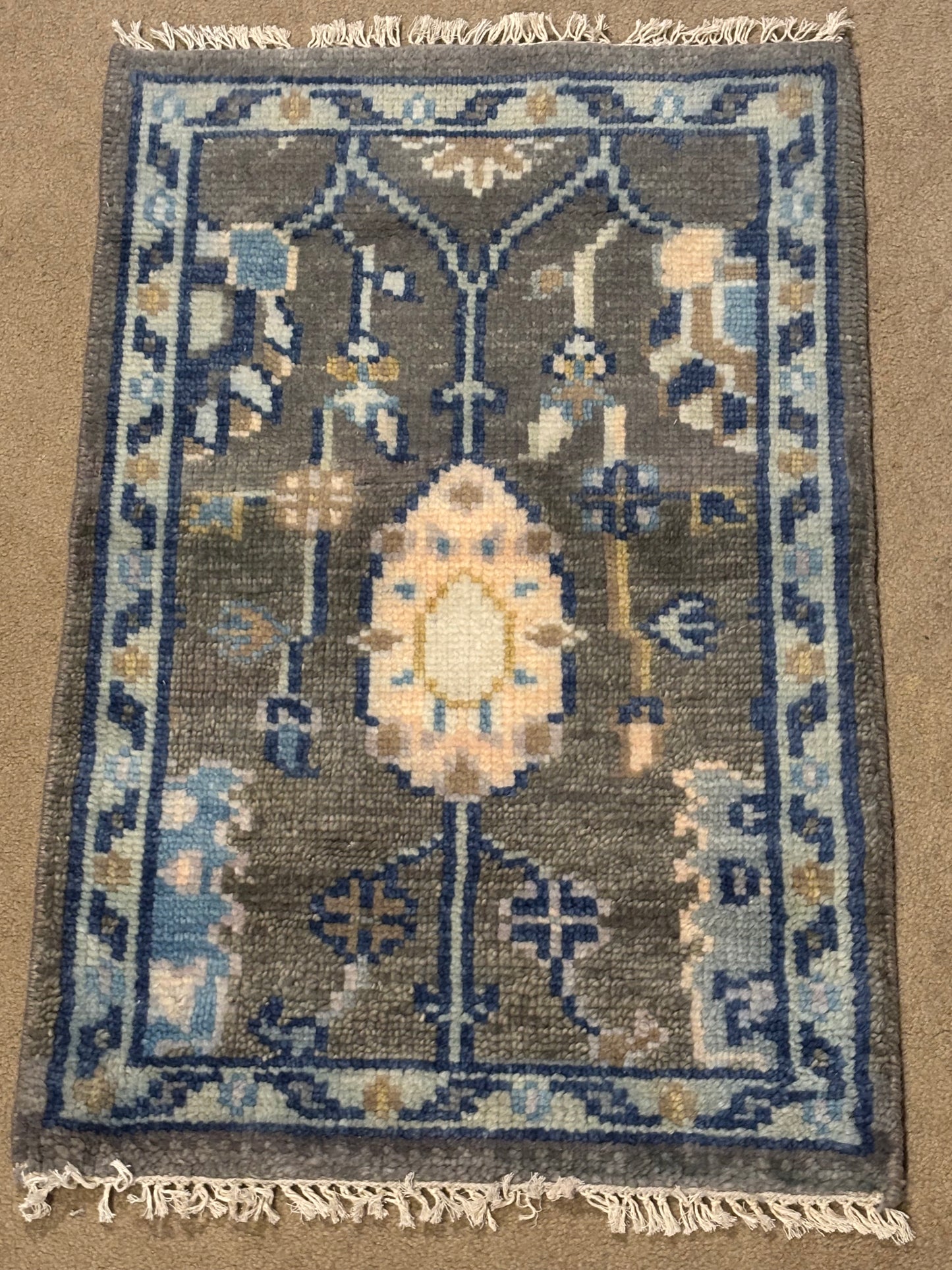 Handmade Oushak Style Wool Accent Rug 2x3 Gray Blue Turkish Floral Boho Decor