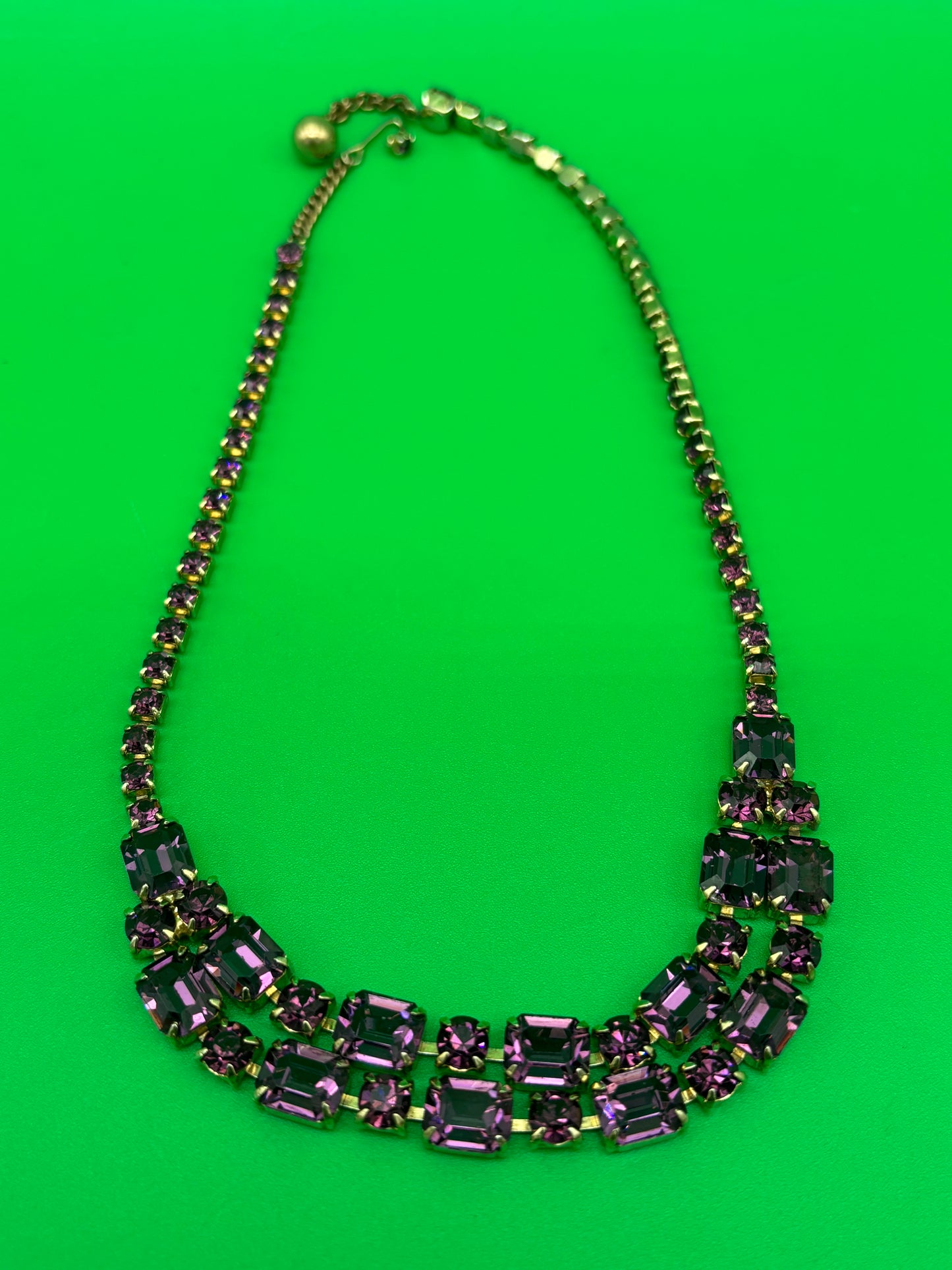 Vintage Purple Amethyst Rhinestone Crystal Costume Jewelry Necklace Art Deco Style 17.5”