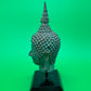 Vintage Thai Bronze Buddha Head Sculpture Flame Ushnisha Patina Wood Stand