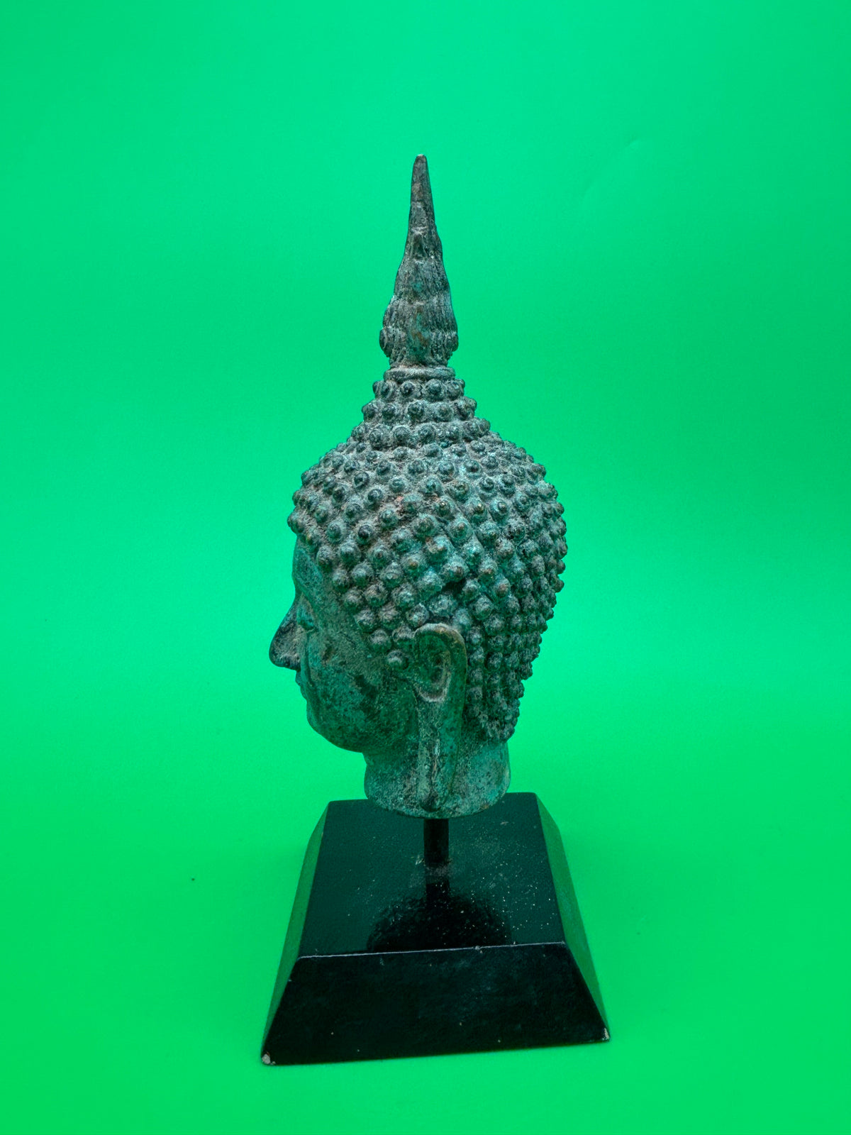 Vintage Thai Bronze Buddha Head Sculpture Flame Ushnisha Patina Wood Stand