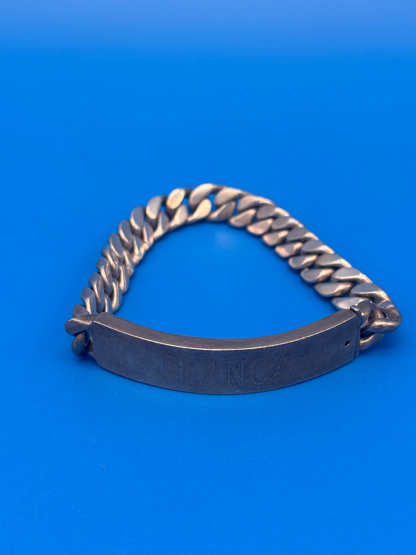 Heavy Vintage Mexico 925 Sterling Silver ID Bracelet Curb Link 65g Engraved BLANCA