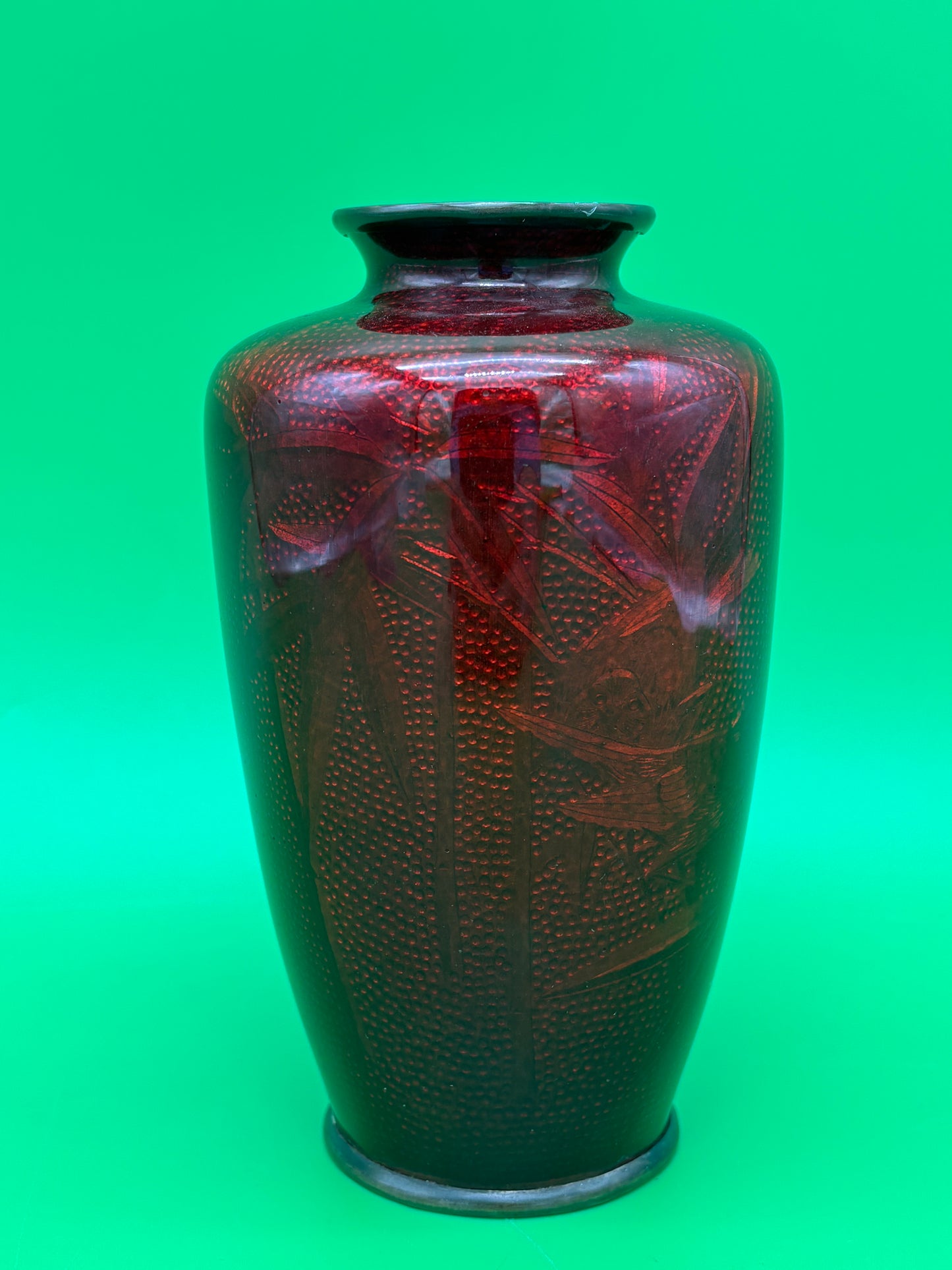 Signed Ando Japanese Pigeon Blood Red Ginbari Cloisonne Bird Bamboo Vase 5.75”