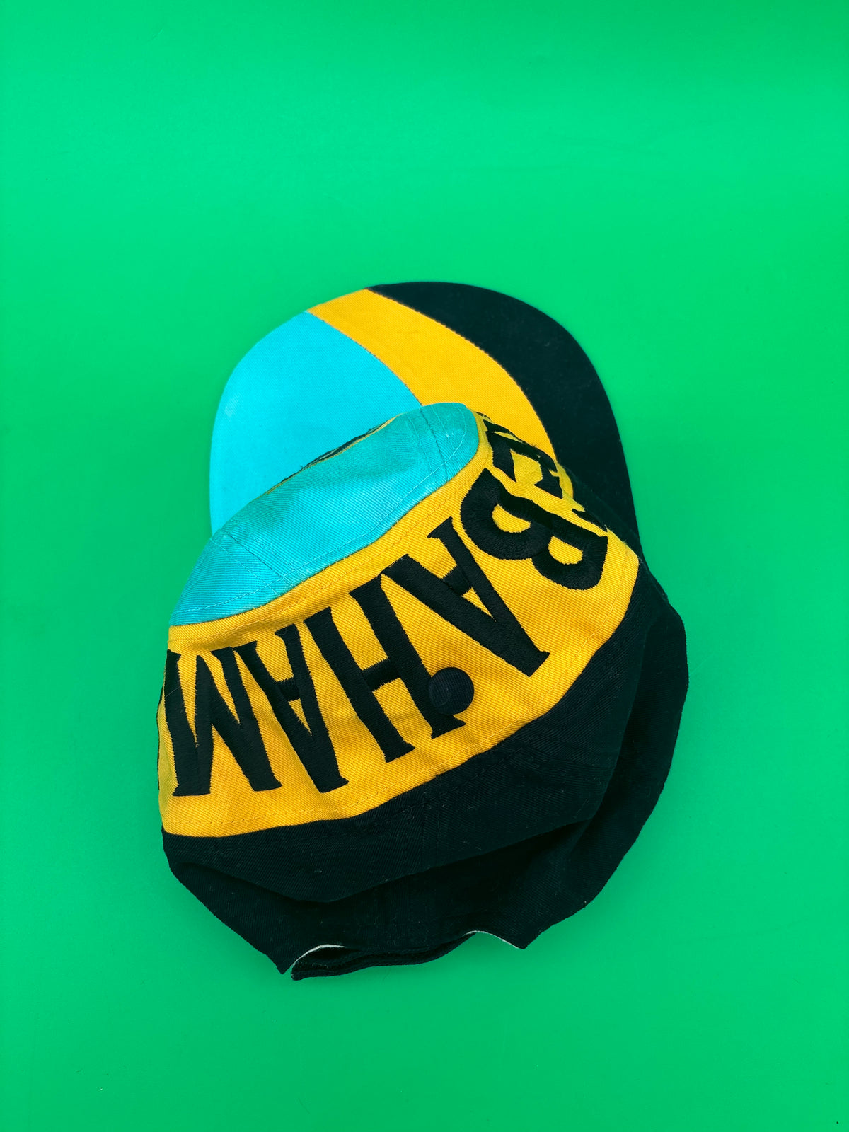 Vintage Bahamas Dolphin Hat Cap Teal Yellow Black Embroidered Spellout 100% Cotton