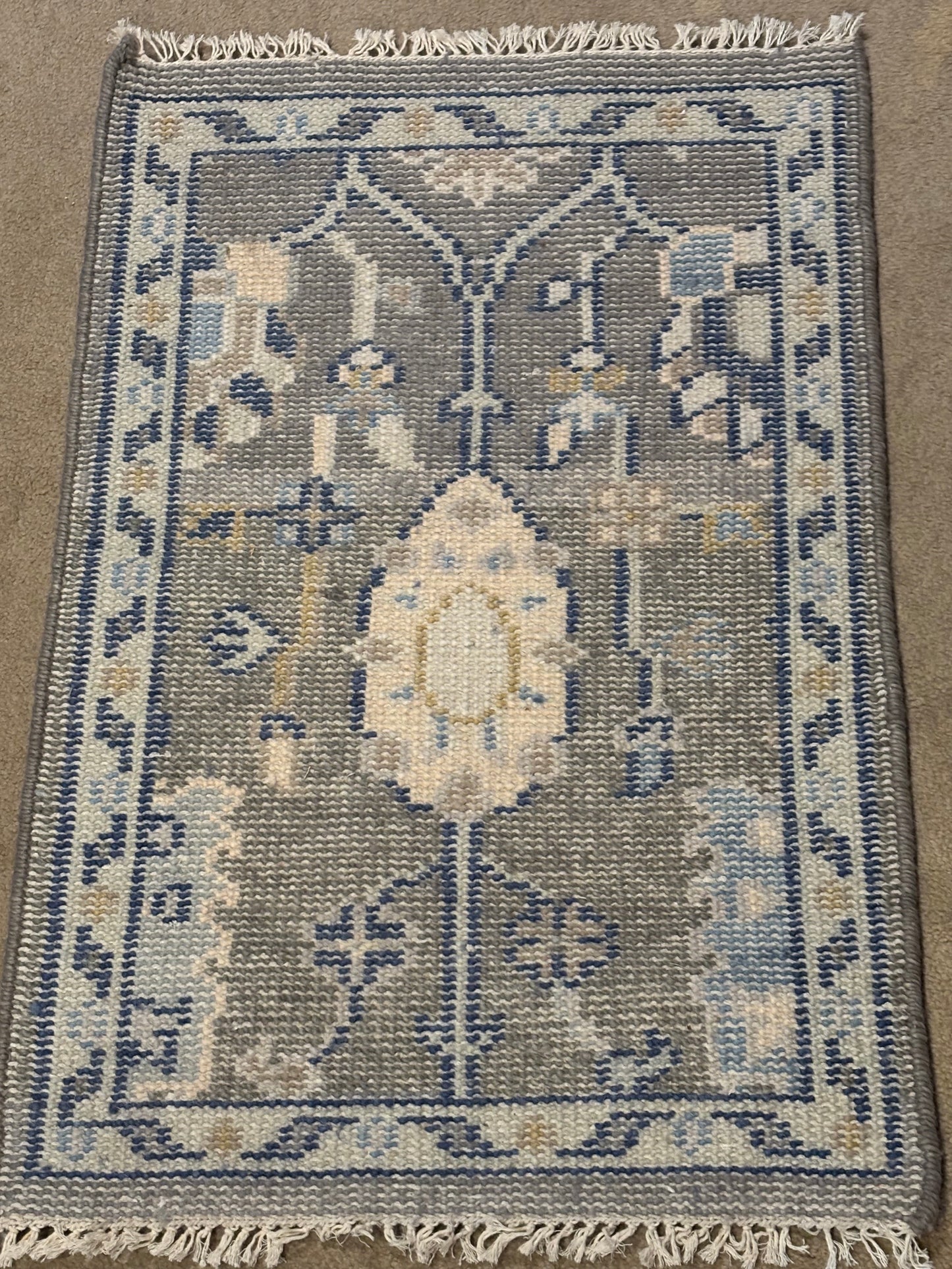 Handmade Oushak Style Wool Accent Rug 2x3 Gray Blue Turkish Floral Boho Decor