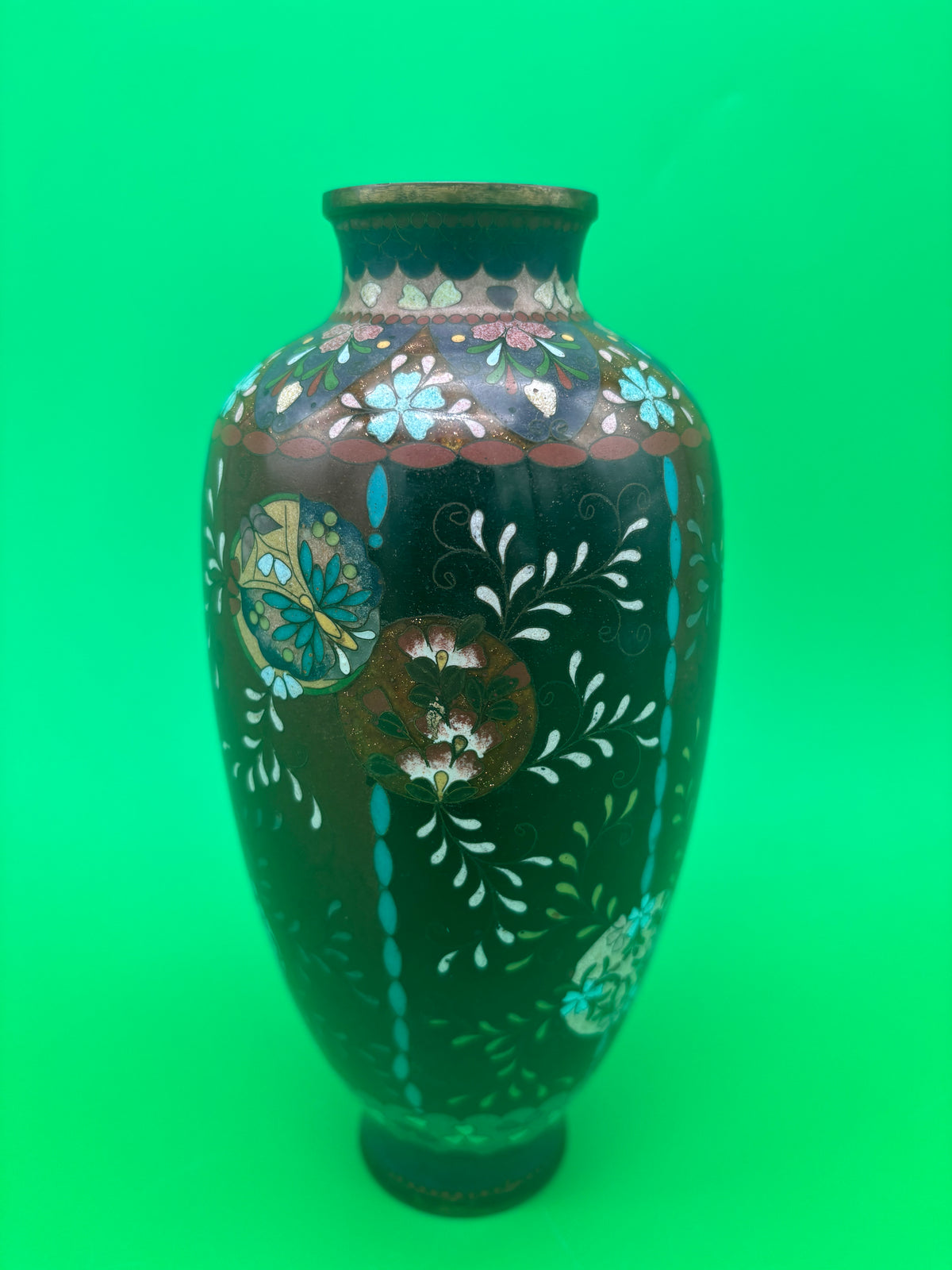 Antique Japanese Cloisonne Vase Meiji Floral Enamel Brown Ground 8” Unmarked