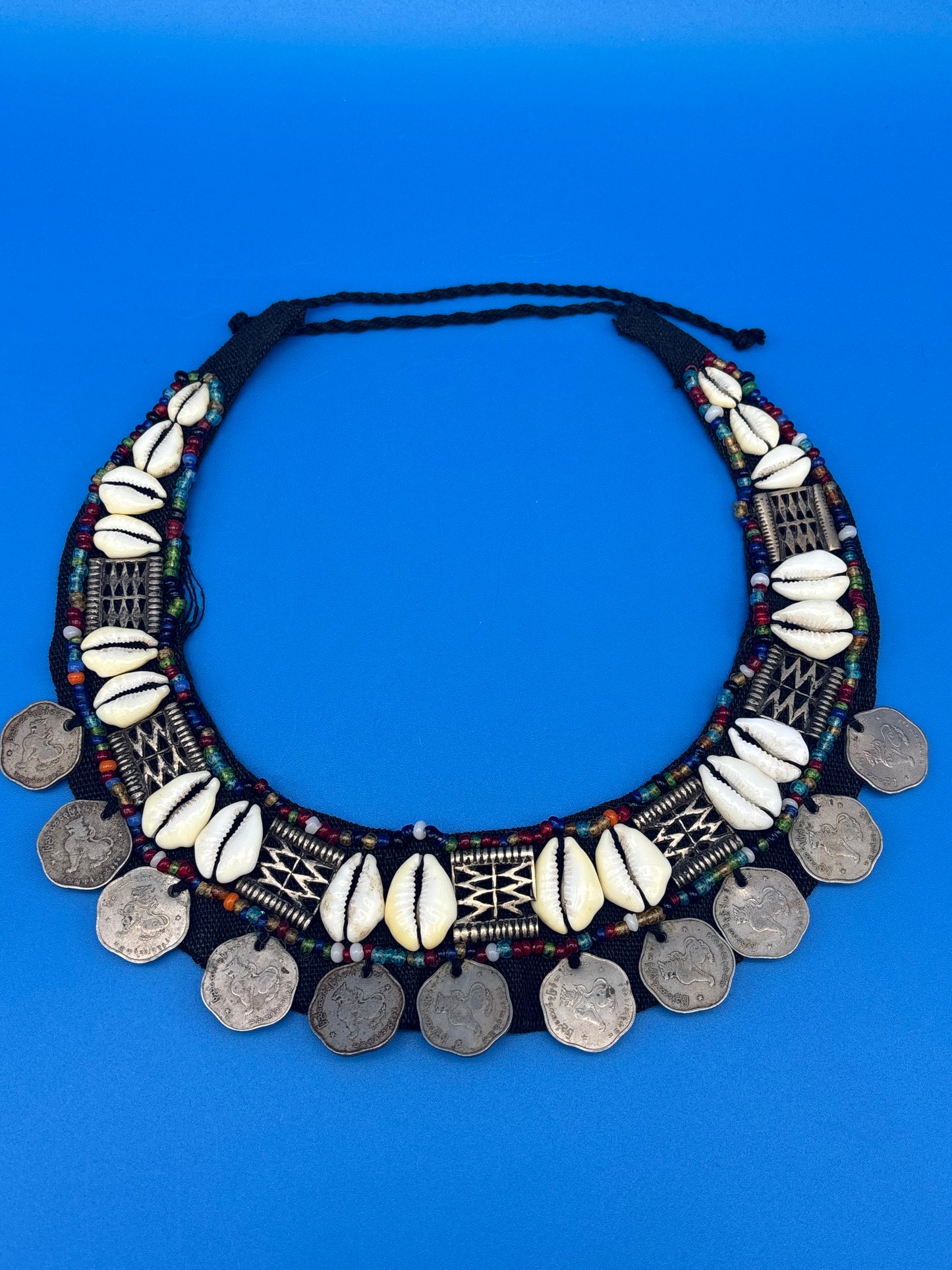 Vintage HUGE Tribal Bib Necklace Cowrie Shells Beads Myanmar Coins Boho Statement