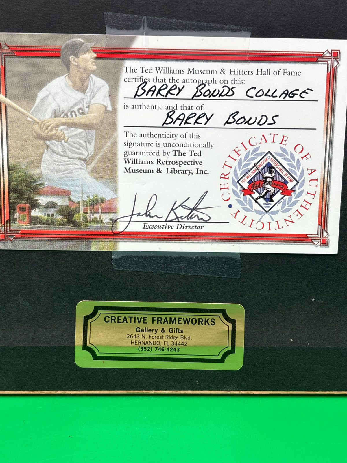 Barry Bonds Signed Framed Photo SF Giants Ted Williams Museum COA MLB Hologram