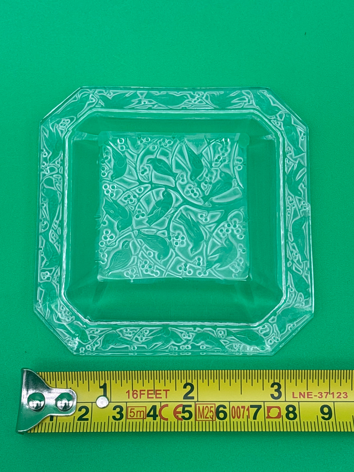 Vintage Clear Pressed Glass Ashtray Bird Berry Motif Square Trinket Dish 3.25”