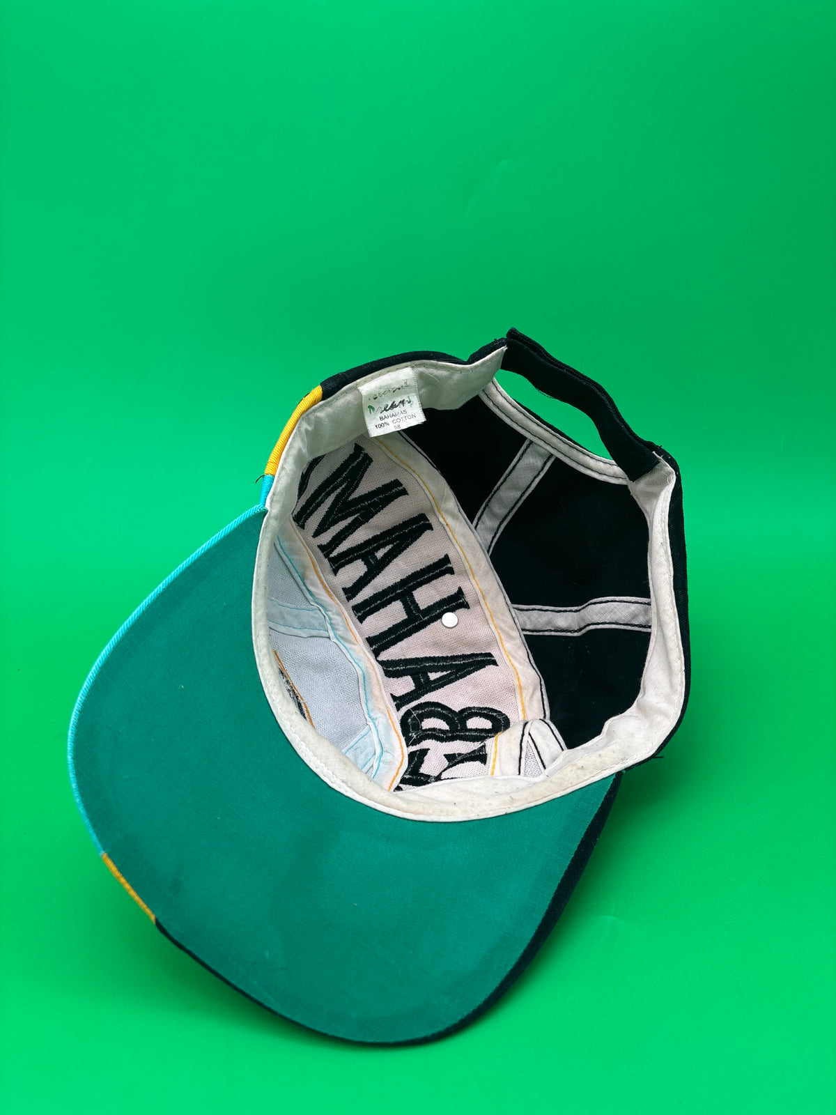 Vintage Bahamas Dolphin Hat Cap Teal Yellow Black Embroidered Spellout 100% Cotton