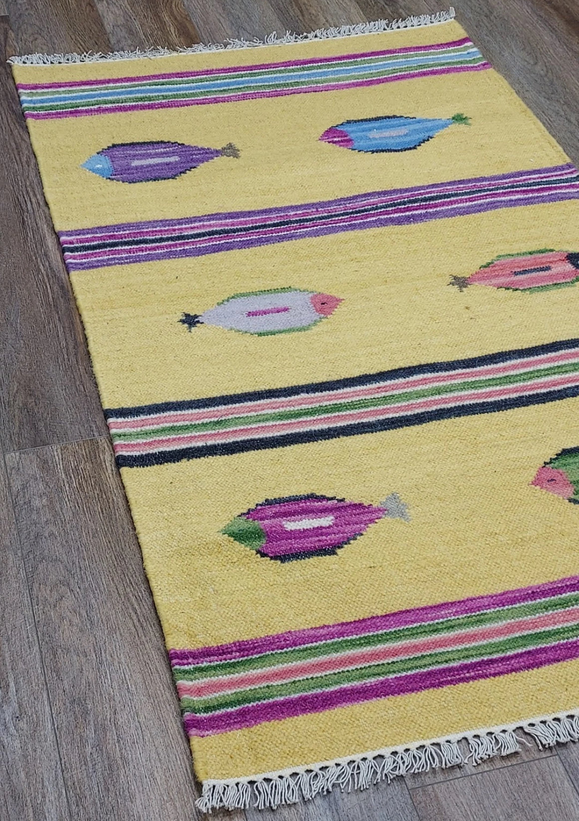 Handmade Turkish Kilim Rug 3x5 ft Bohemian Fish Design “Tree of Life” Flatweave