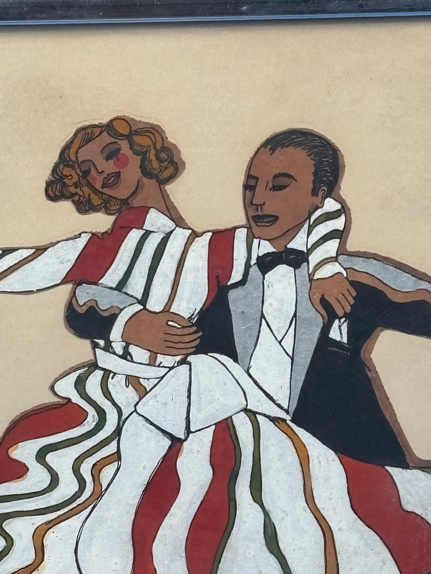 Vintage Mid Century Dancing Couple Art Reverse Painted Glass Art Deco Chrome Frame