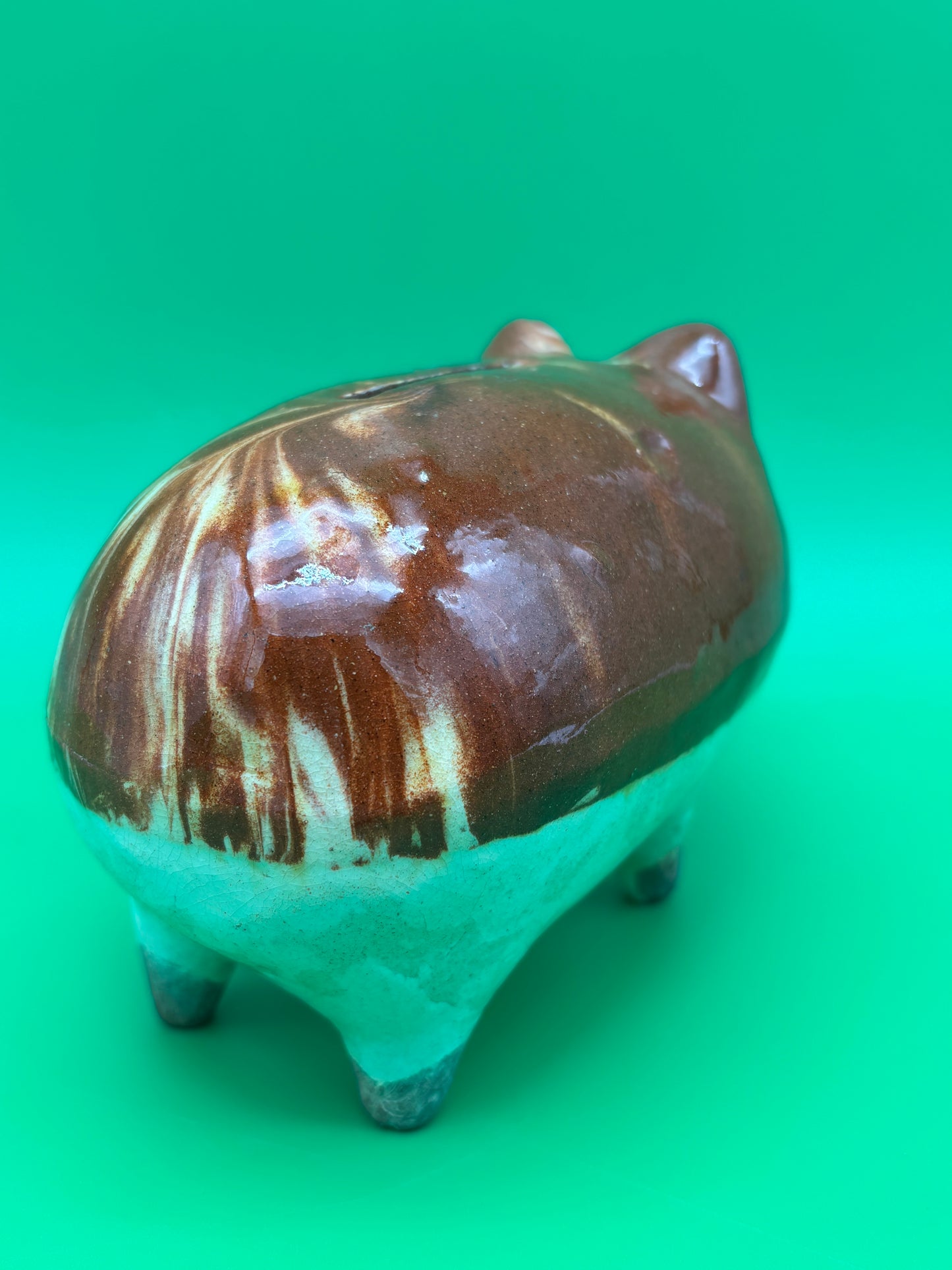 Antique Vintage Yellowware Piggy Bank Stoneware Mocha Drip Glaze Hole Eyes