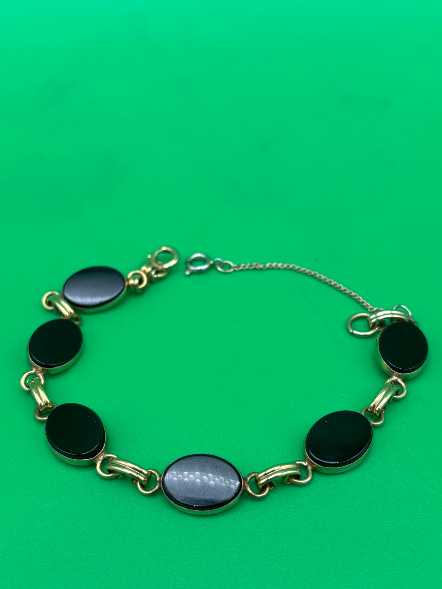 Art Deco 1/20 12K Gold Filled Black Onyx Oval Cabochon Link Bracelet 7”