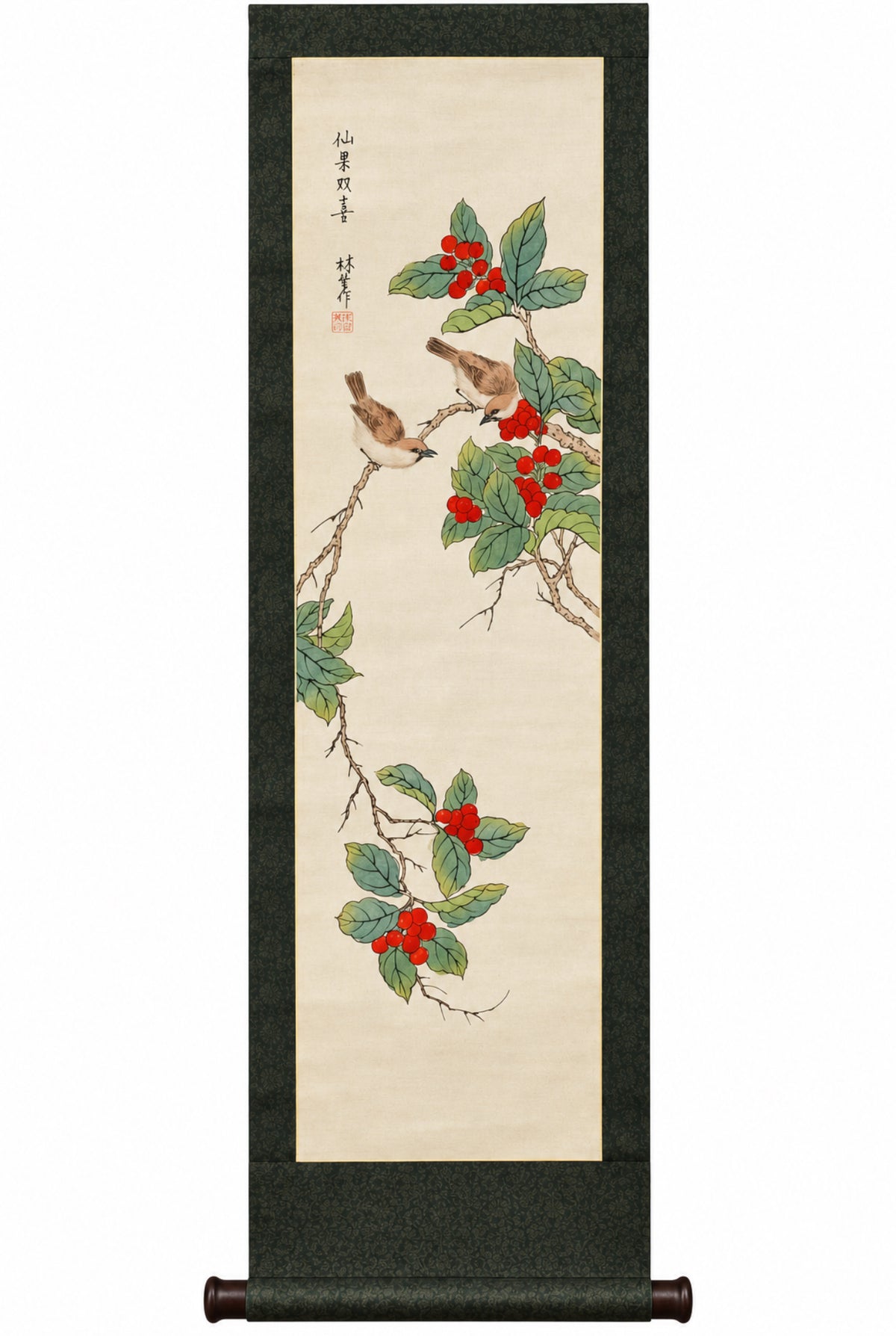 Vintage Chinese Lin Sheng Signed Silk Scroll Paintings Pair Birds Fruit 40”