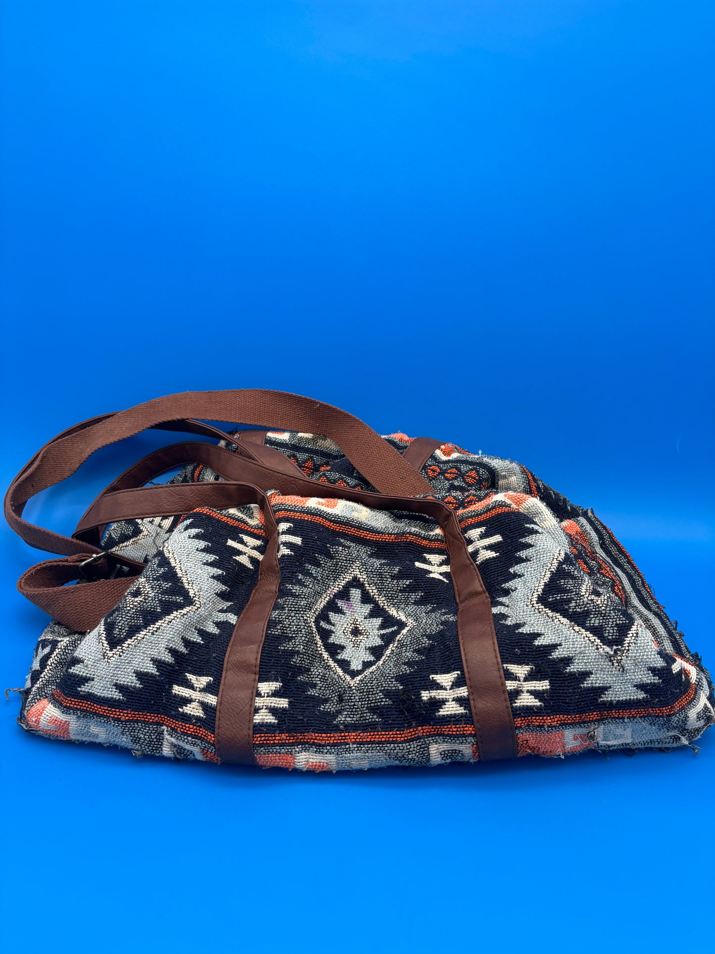 Southwest Aztec Print Weekender Duffel Bag Blue Multi Tribal Boho Oversized Tote