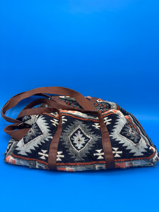 Southwest Aztec Print Weekender Duffel Bag Blue Multi Tribal Boho Oversized Tote