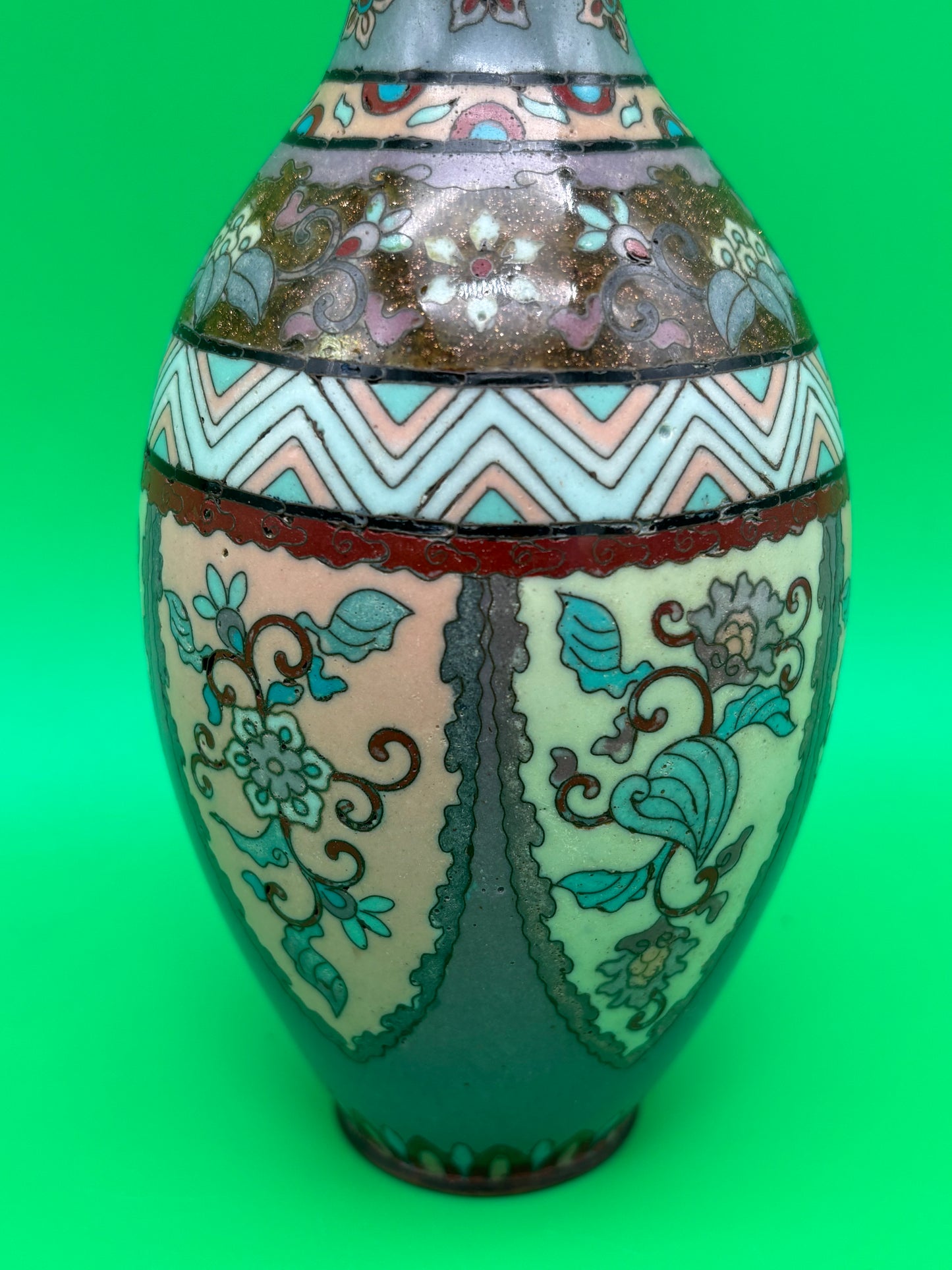 Antique Meiji Japanese Goldstone Cloisonne Enamel Pastel Floral Vase 7 1/4”