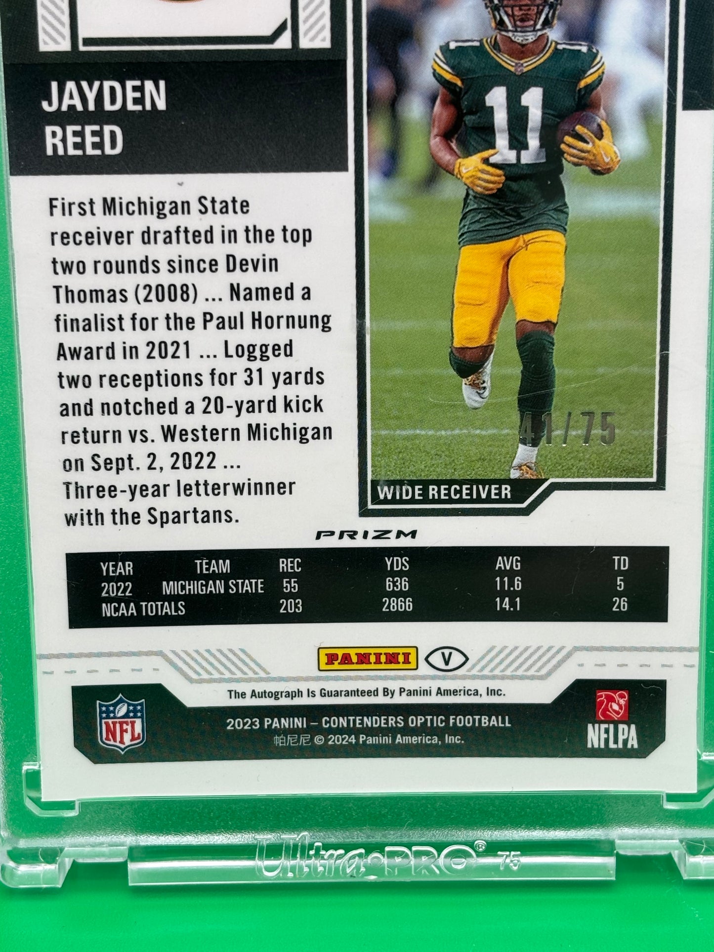 2023 Panini Contenders Optic Jayden Reed Rookie Ticket Auto Blue #41/75 On-Card