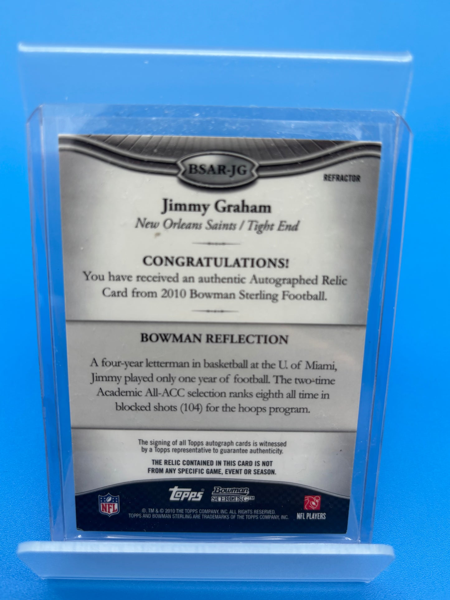 2010 Bowman Sterling Blue Refractor Jimmy Graham RC ROOKIE AUTO JERSEY 87/99