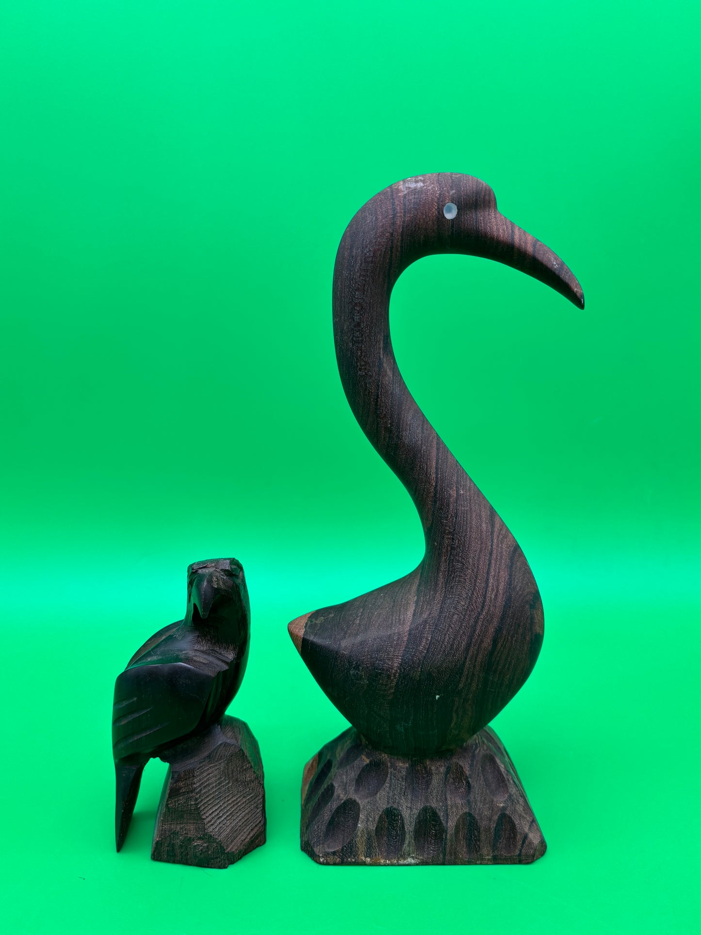 Vintage Carved Ironwood Bird Sculptures Lot of 2 Heron Eagle Folk Art MCM