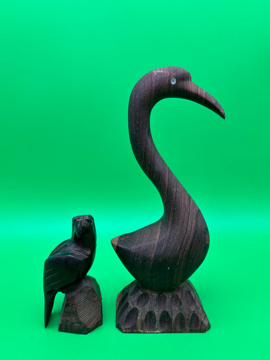 Vintage Carved Ironwood Bird Sculptures Lot of 2 Heron Eagle Folk Art MCM
