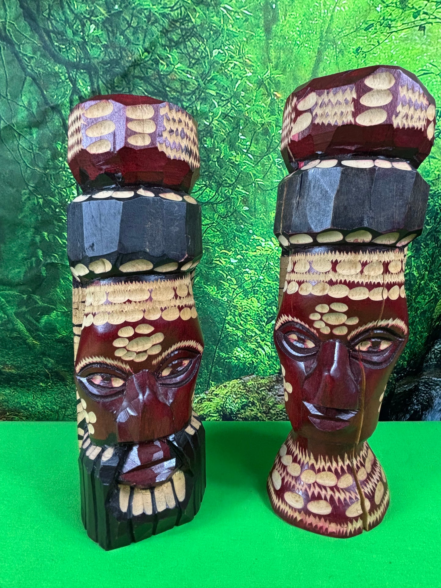 Genuine Hand Carved Jamaican Wooden Tiki Totem Head Figurines Tiki Décor Pair