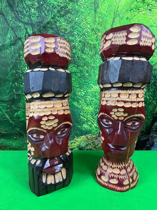 Genuine Hand Carved Jamaican Wooden Tiki Totem Head Figurines Tiki Décor Pair